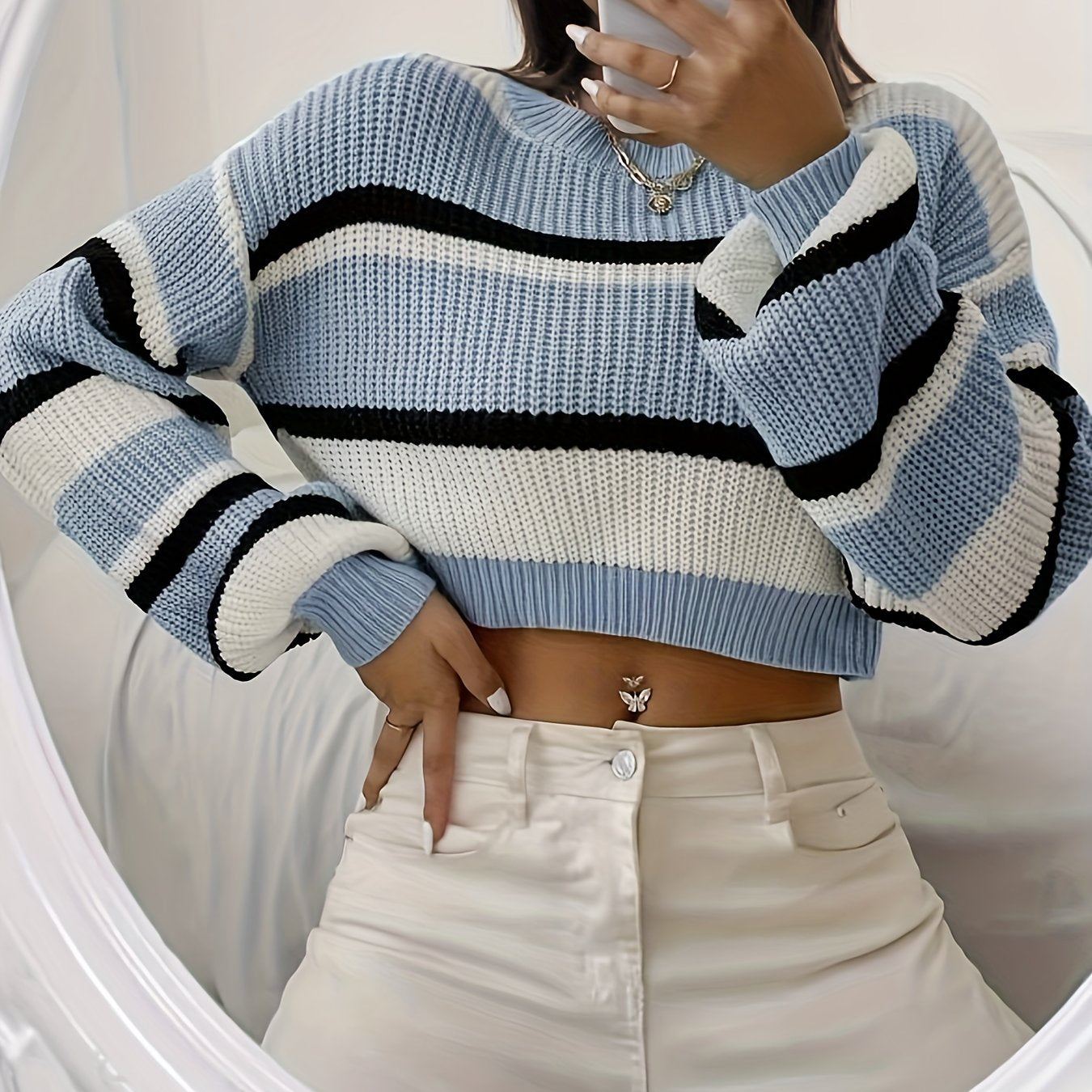 Sixsr Color Block Striped Knit Sweater, Casual Crew Neck Long Sleeve Sweater, Women's Clothing