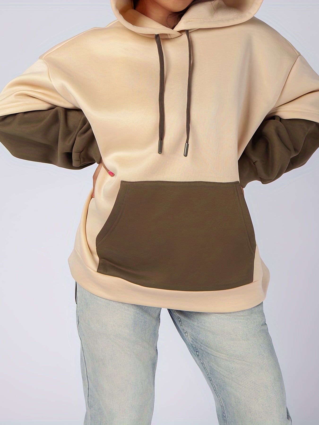 Sixsr Plus Size Casual Sweatshirt, Women's Plus Colorblock Long Sleeve Slight Stretch Drawstring Hoodie With Giant Pocket