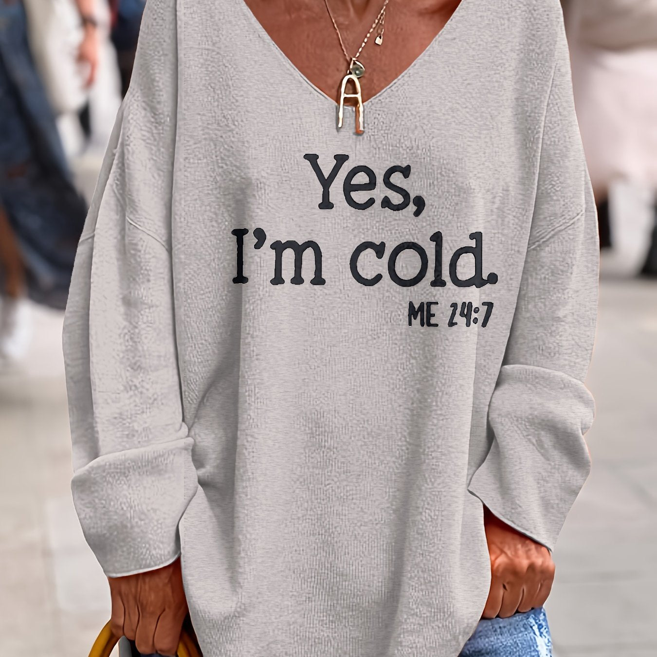 Sixsr Letter Pattern V Neck Oversized Sweater, Casual Long Sleeve Rolled Trim Sweater, Women's Clothing