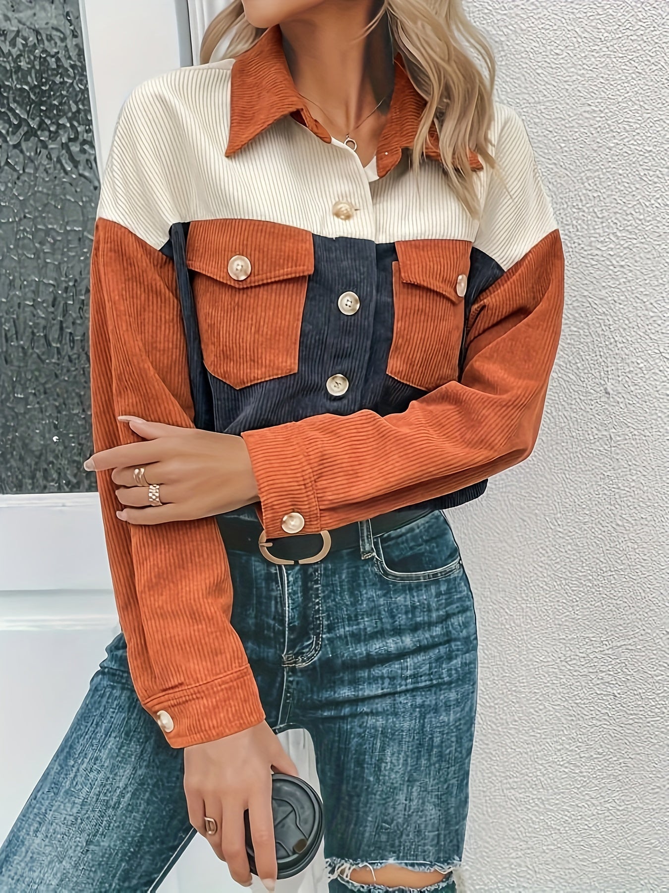 Sixsr Corduroy Color Block Button Front Jacket, Casual Long Sleeve Drop Shoulder Lapel Outwear For Spring & Fall, Women's Clothing