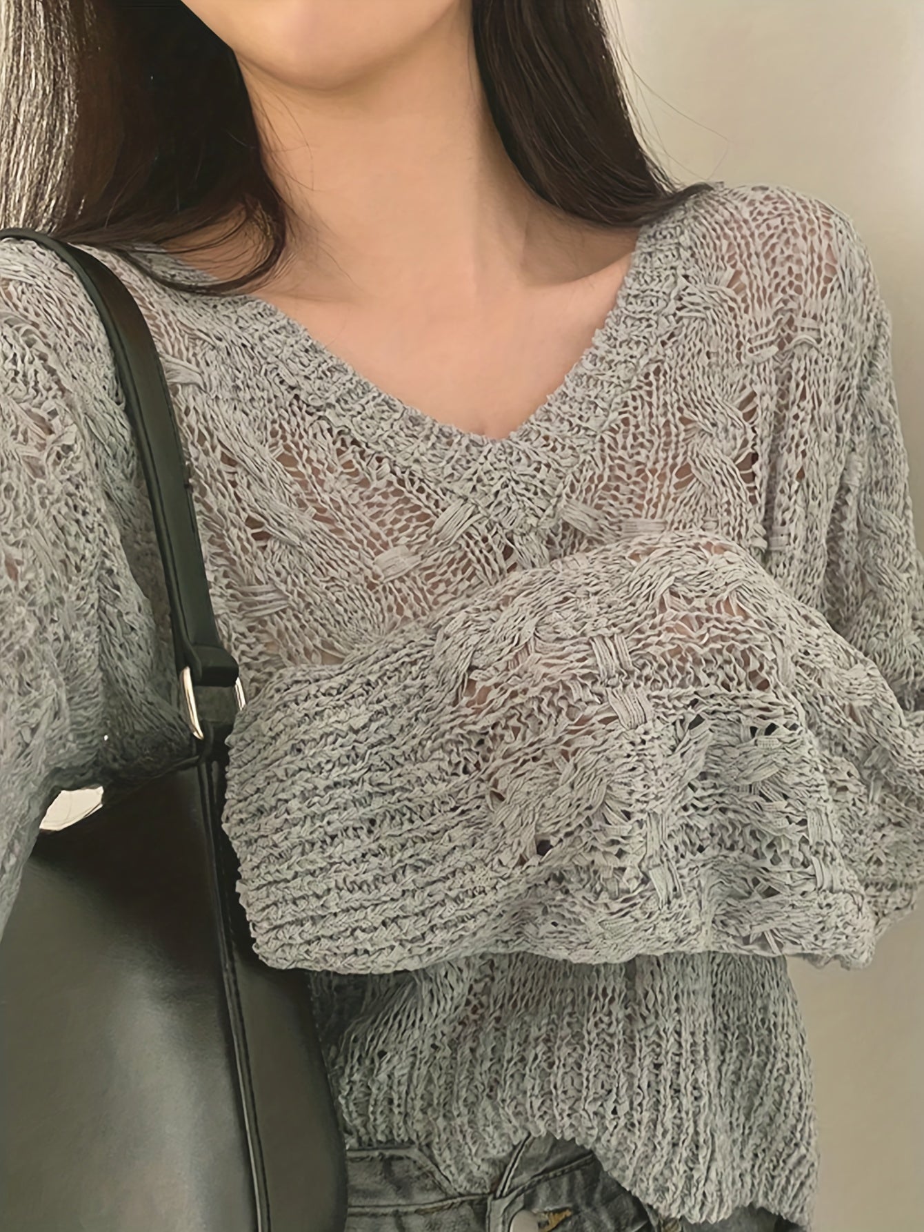 Solid V Neck Pullover Sweater, Casual Long Sleeve Thin Knit Sweater, Women's Clothing