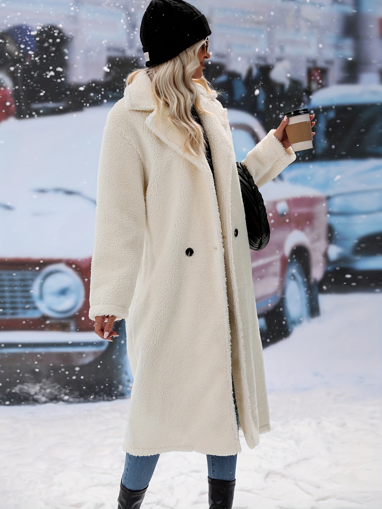 Sixsr Solid Double Breasted Teddy Coat, Elegant Lapel Thermal Longline Coat For Fall & Winter, Women's Clothing