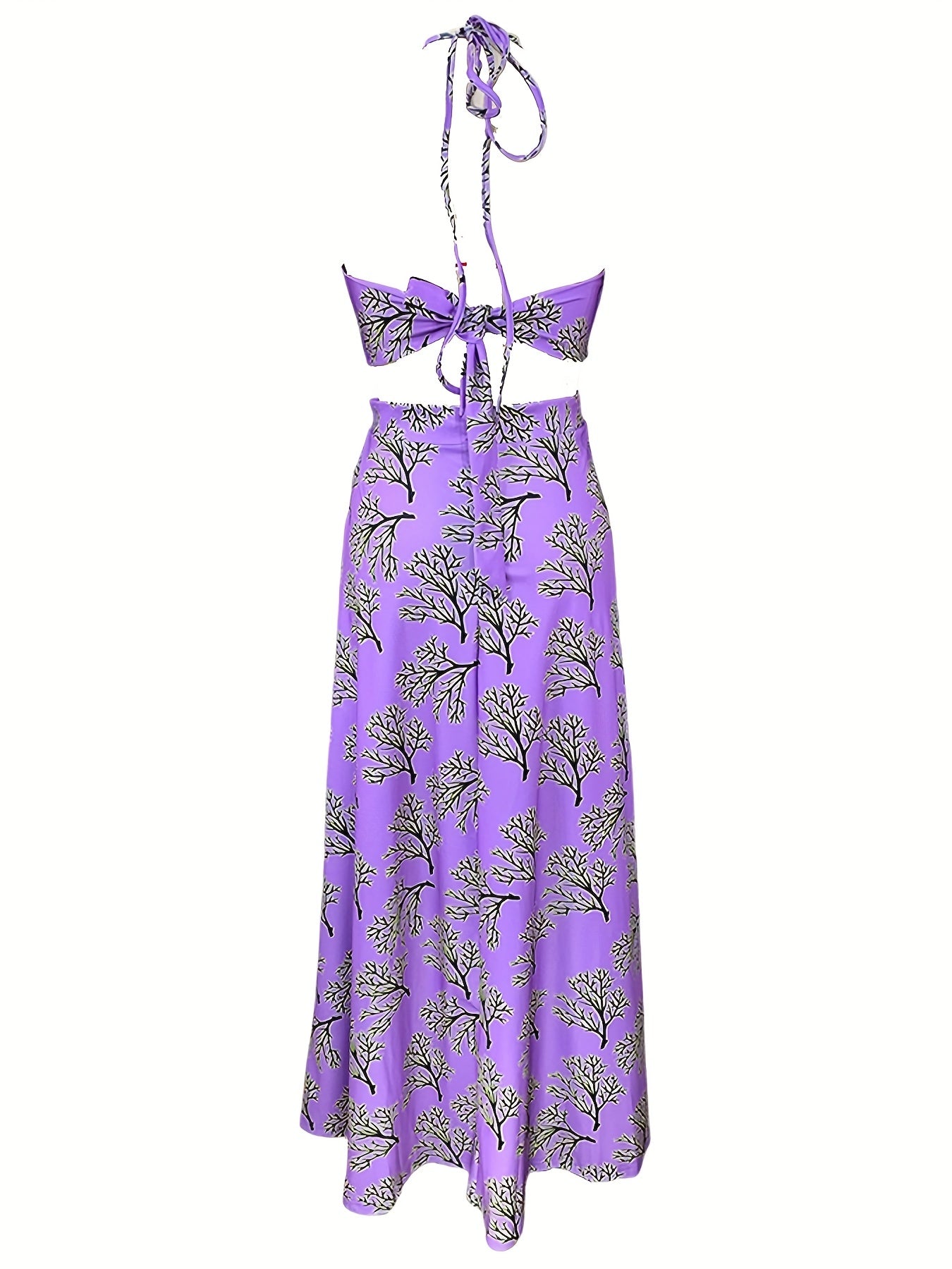 Sixsr Plant Print Halter Neck Dress, Boho Sleeveless High Waist Maxi Dress, Women's Clothing