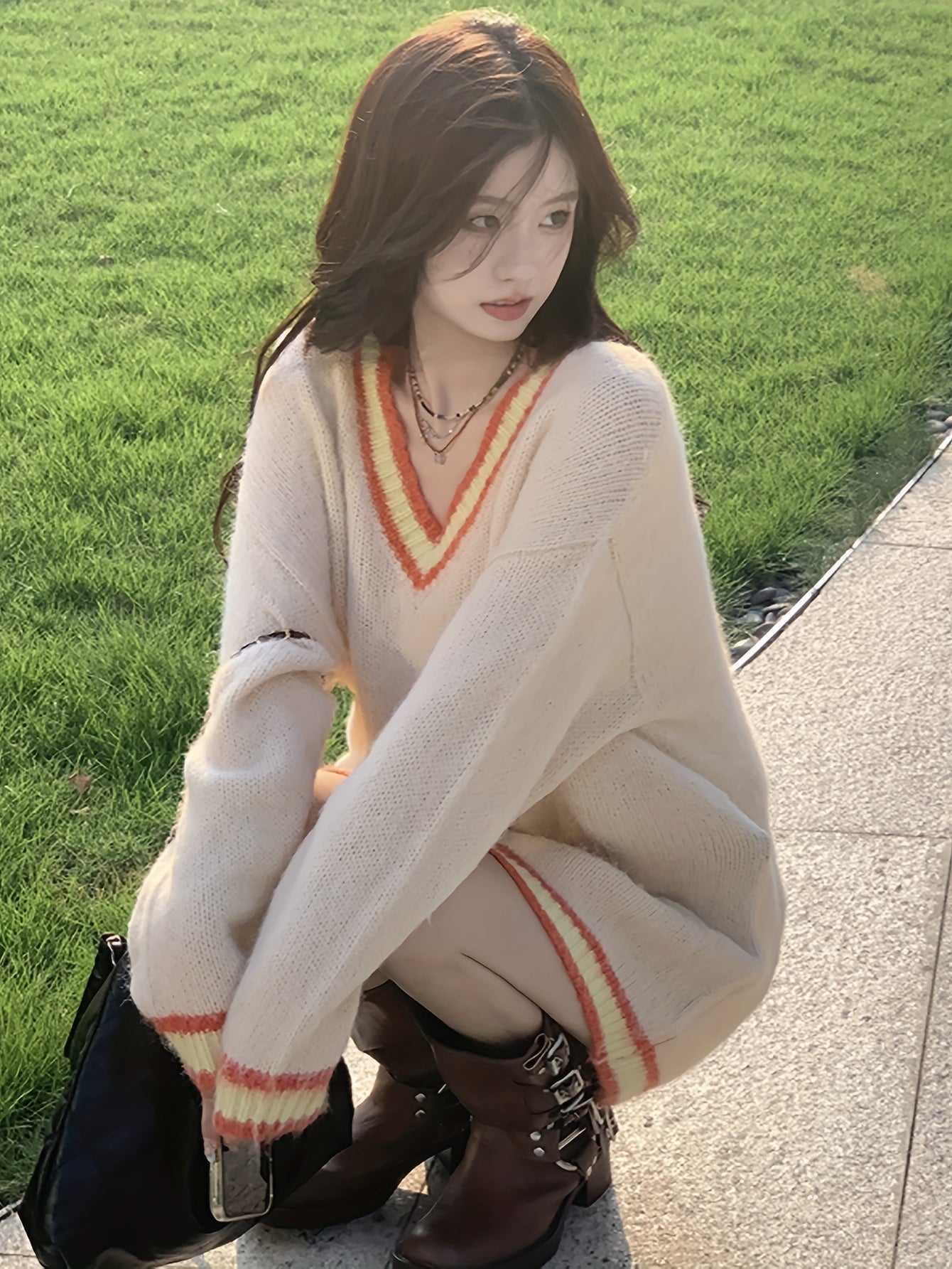 Sixsr Contrast Trim V Neck Pullover Sweater, Casual Long Sleeve Mid Length Cozy Sweater, Women's Clothing