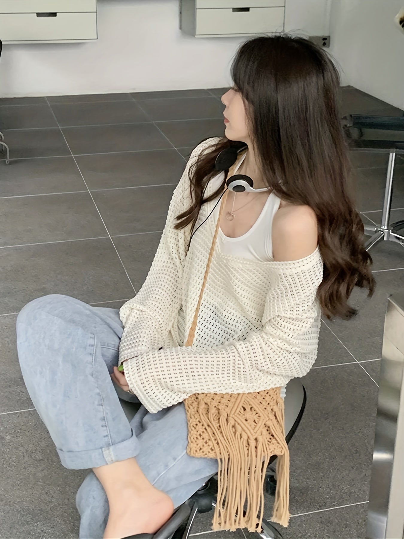 Sixsr Cutout Solid V Neck Cover Up Top, Casual Long Sleeve Top For Spring & Summer, Women's Clothing
