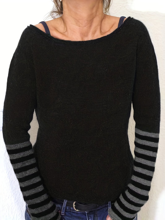 Sixsr Plus Size Casual Sweater, Women's Plus Colorblock Stripe Print Long Sleeve Boat Neck Sweater