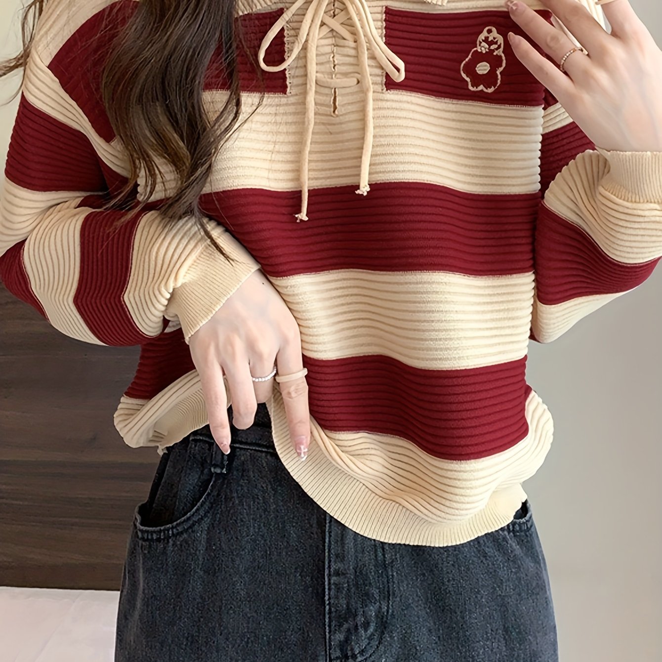 Sixsr Striped Tie Neck Pullover Sweater, Casual Long Sleeve Drop Shoulder Sweater, Women's Clothing