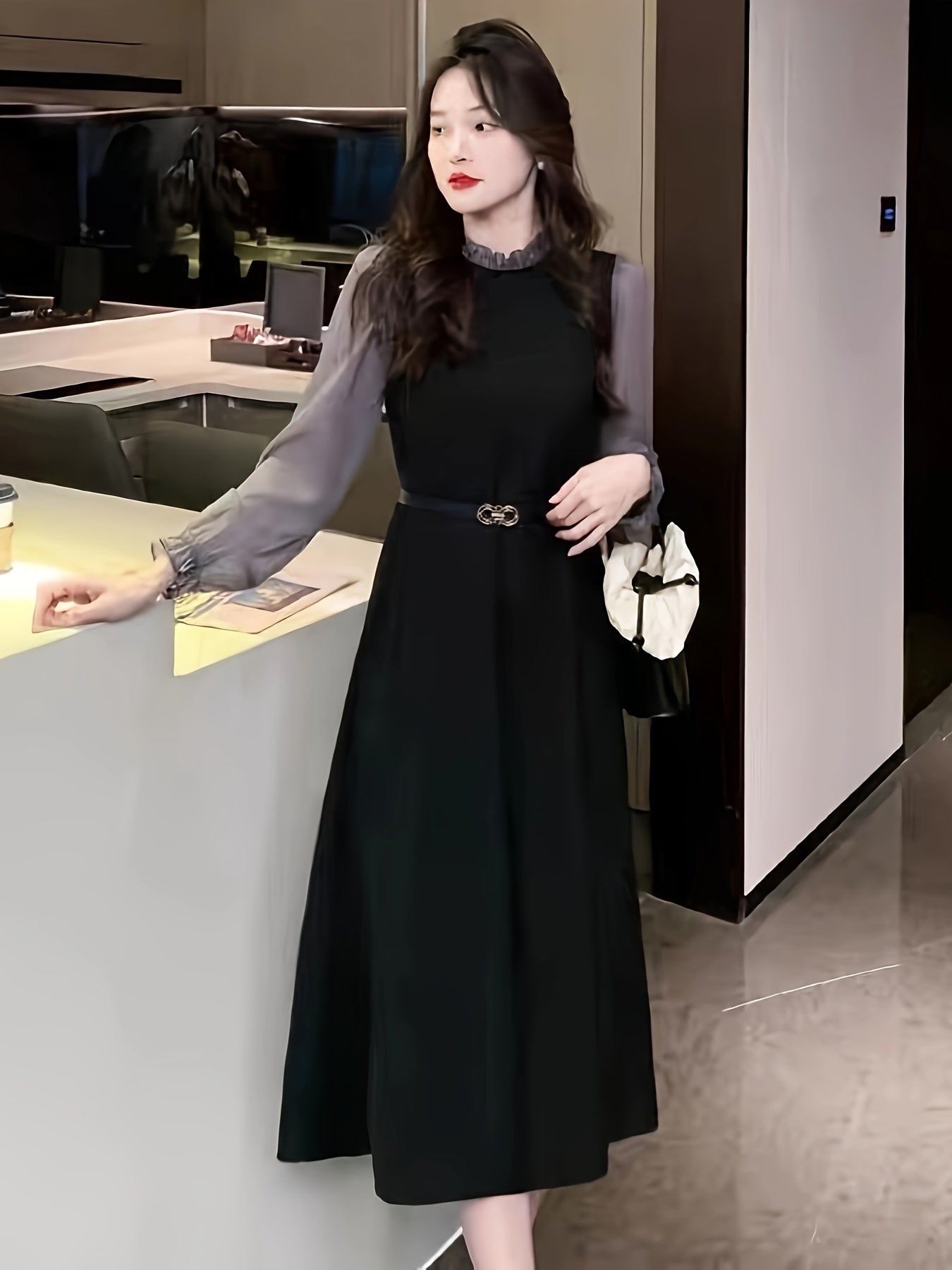 Sixsr Color Block Lettuce Trim Dress, Elegant Long Sleeve Midi Dress, Women's Clothing