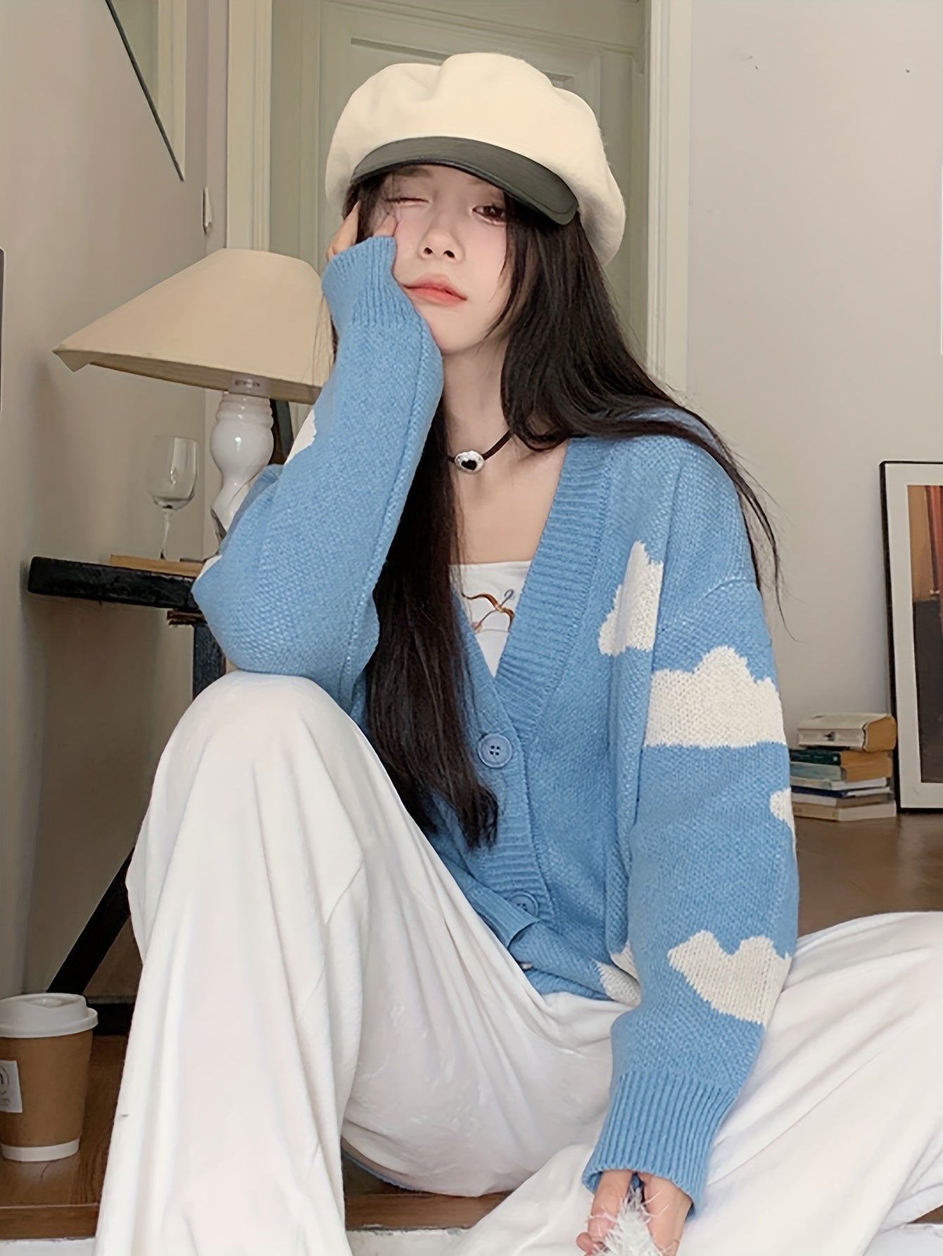 Sixsr Cloud Pattern Button Front Cardigan, Casual Long Sleeve Drop Shoulder Cardigan, Women's Clothing