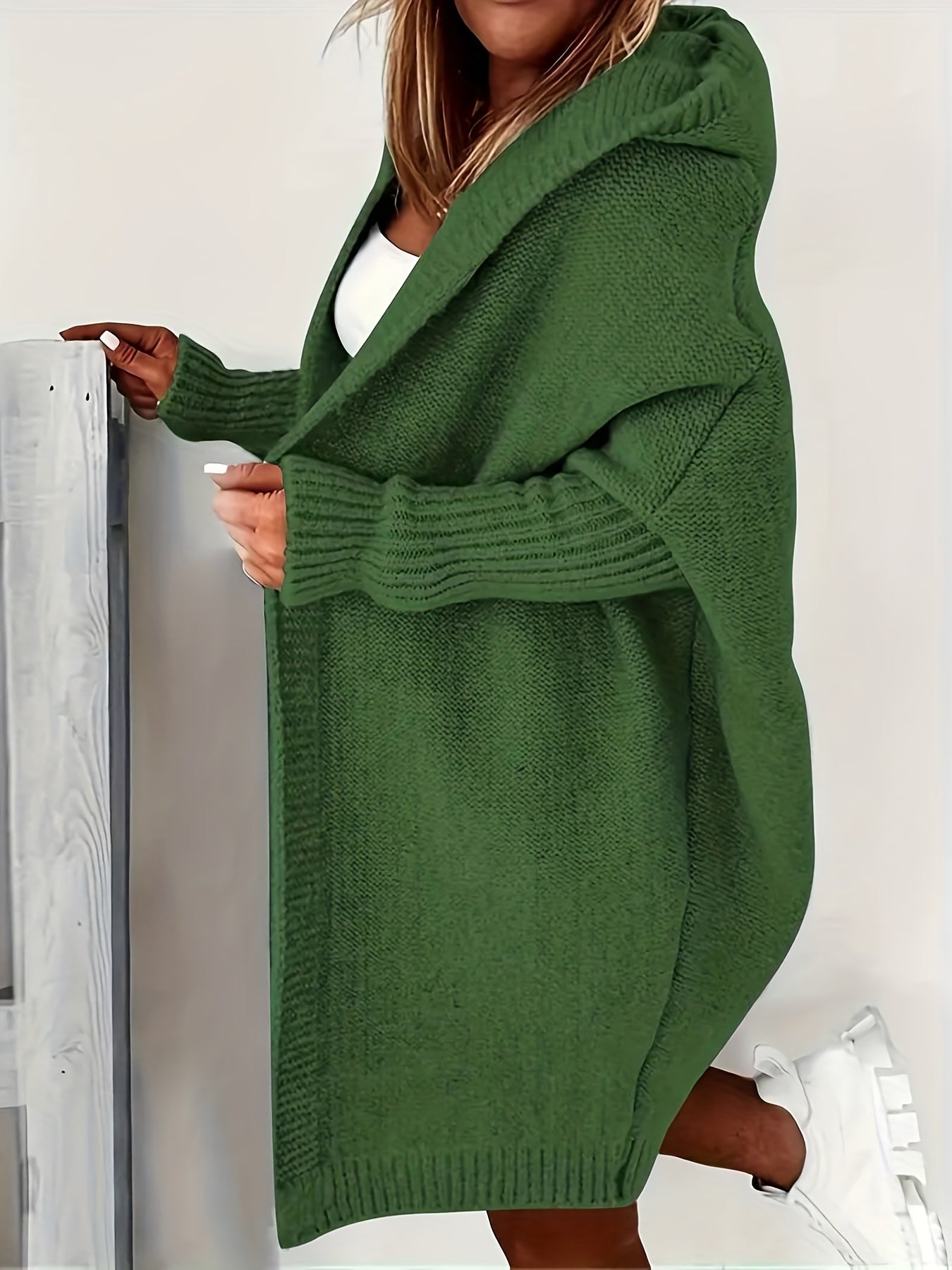 Sixsr Plus Size Casual Cardigan, Women's Plus Solid Stitching Long Sleeve Hooded Open Front Slight Stretch Sweater Cardigan