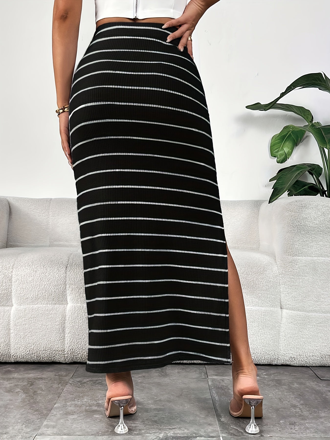 Sixsr Striped Print Split Skirts, Elegant High Waist Midi Skirts, Women's Clothing