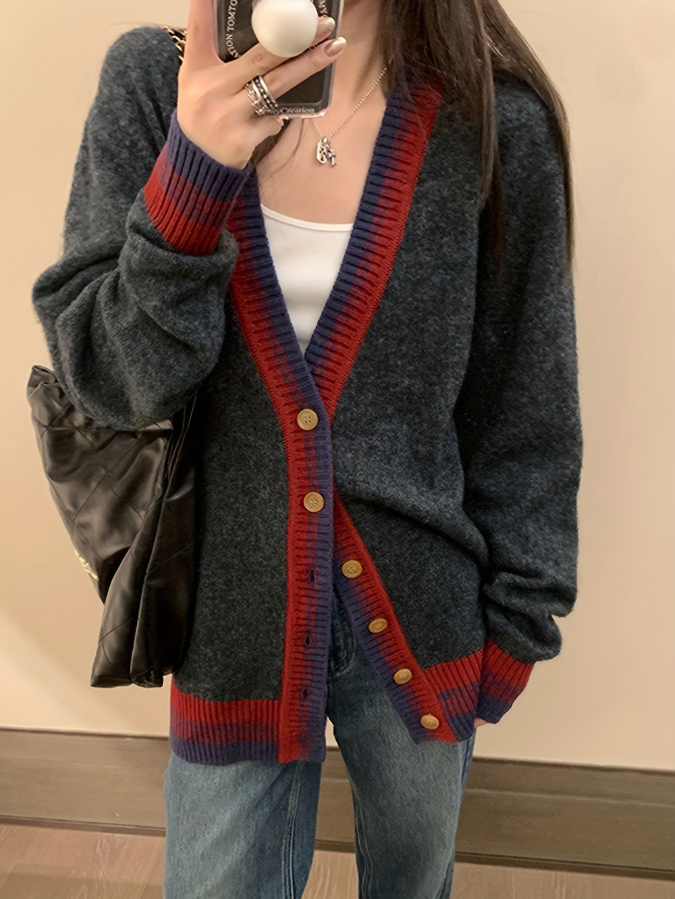 Sixsr Contrast Trim Button Down Knit Cardigan, Casual Long Sleeve Loose Sweater, Women's Cothing