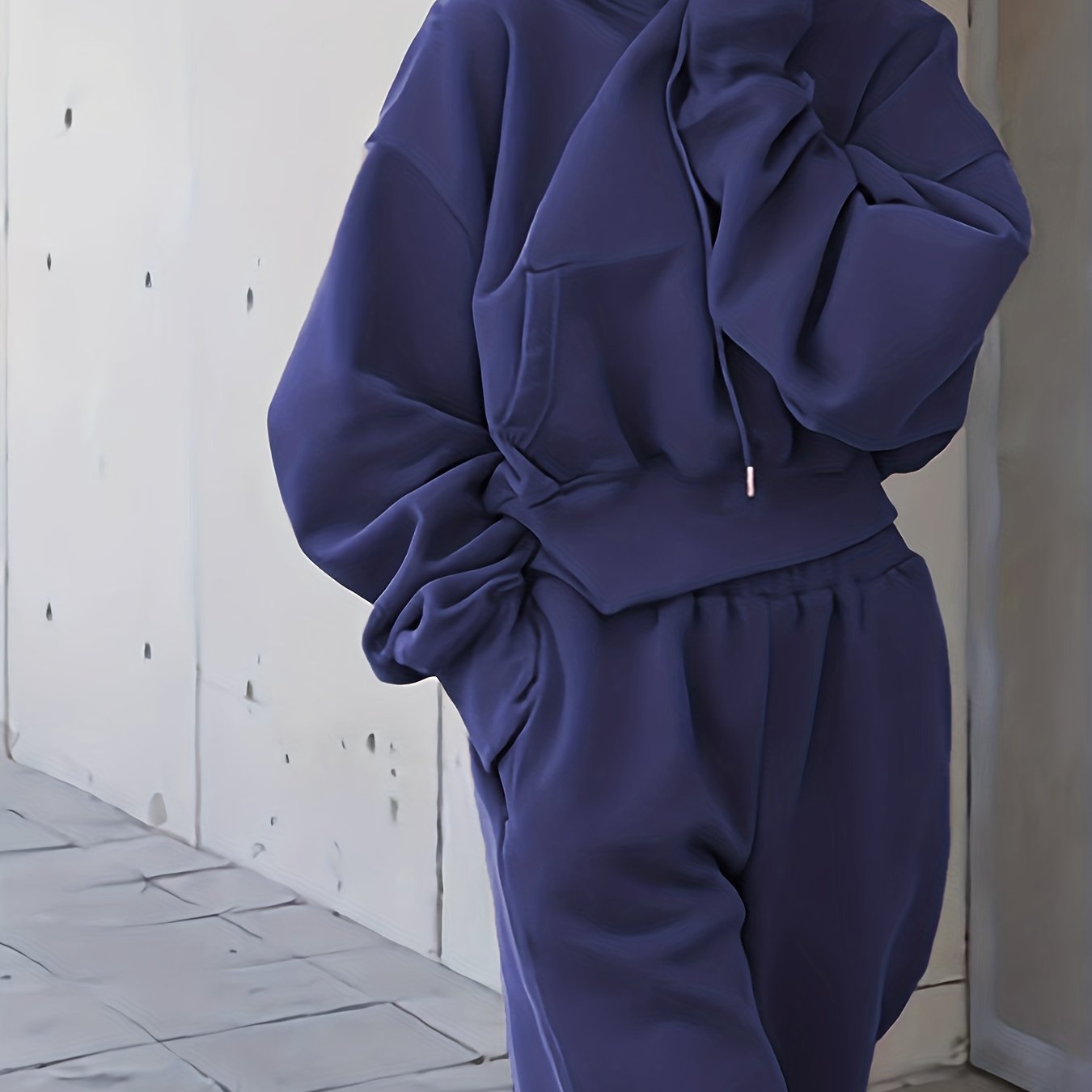 Sixsr 2pcs Athleisure Set, Oversized Solid Hooded Pocket Drawstring Sweatshirts & Sweatpants Sets, Women's Clothing
