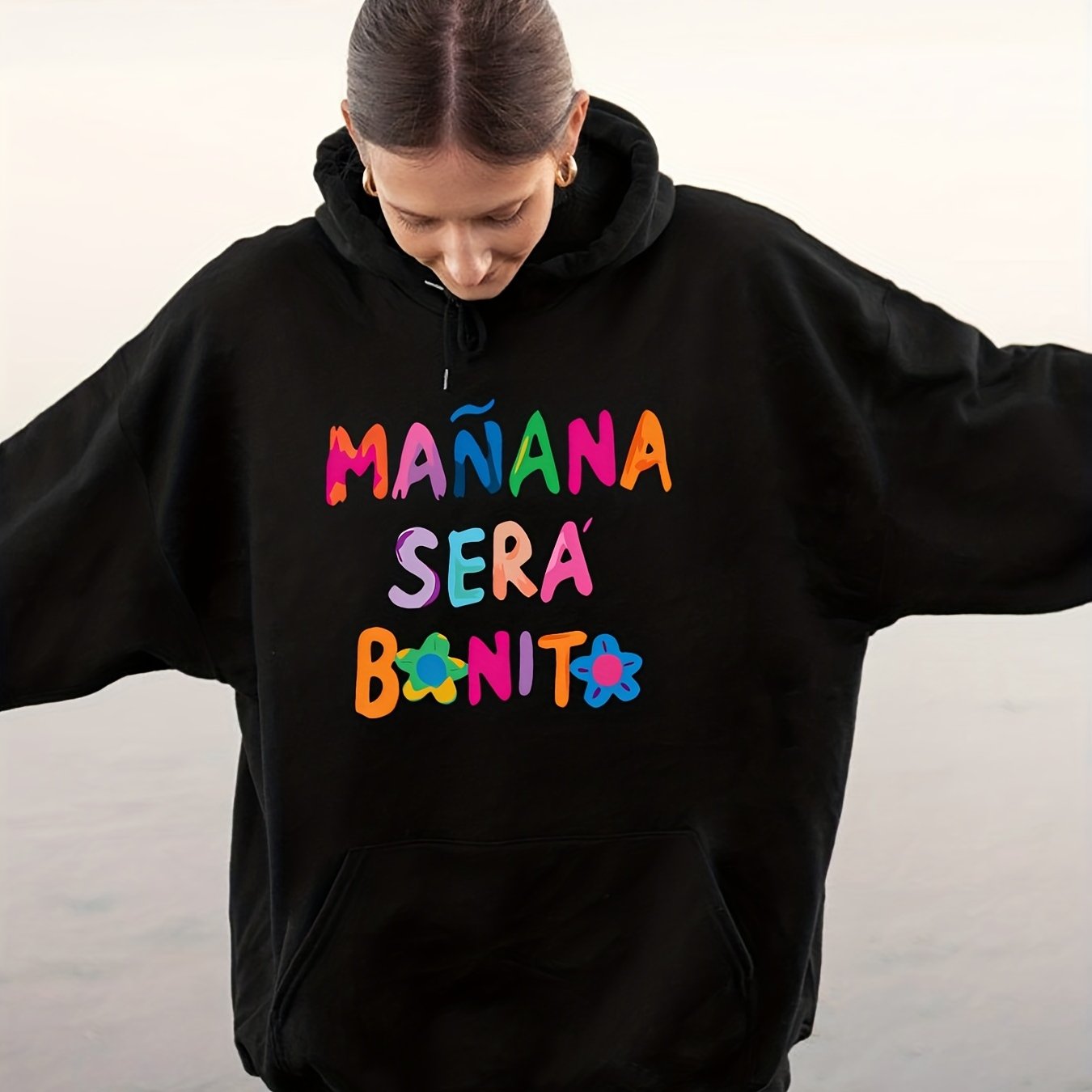 Sixsr Letter Print Hoodie, Long Sleeve Solid Casual Sweatshirt, Women's Clothing