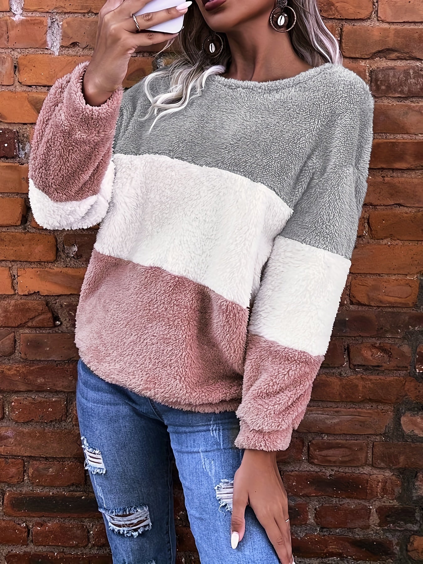 Sixsr Plus Size Casual Sweatshirt, Women's Plus Colorblock Long Sleeve Round Neck Medium Stretch Fleece Sweatshirt