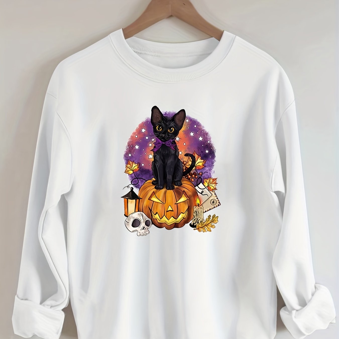 Sixsr Plus Size Halloween Casual Sweatshirt, Women's Plus Cat & Skull & Pumpkin Print Round Neck Long Sleeve Sweatshirt