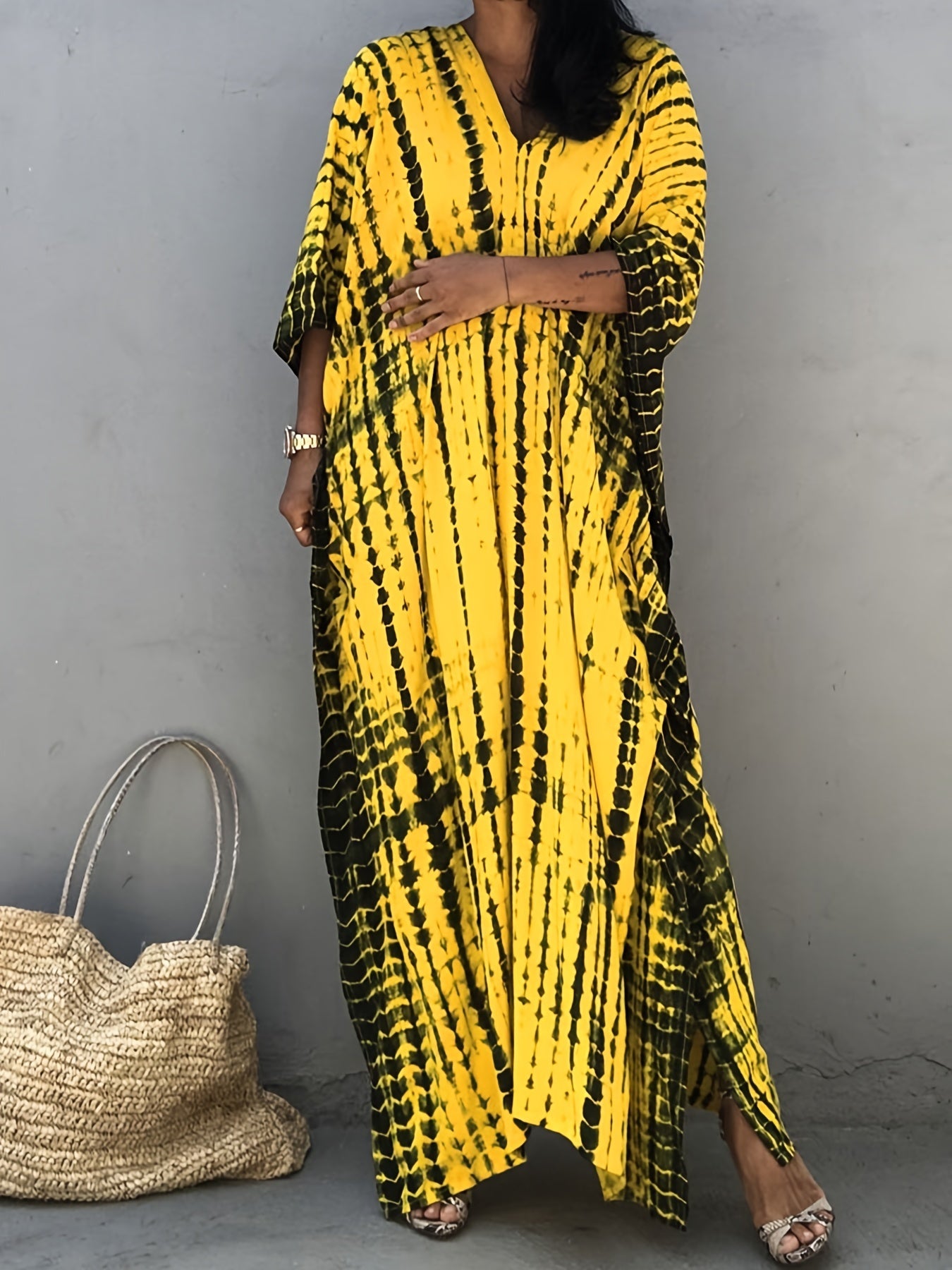 Sixsr V Neck Oversized Kaftan Dress, Bohemian Loose Beach Vacation Dress, Women's Clothing