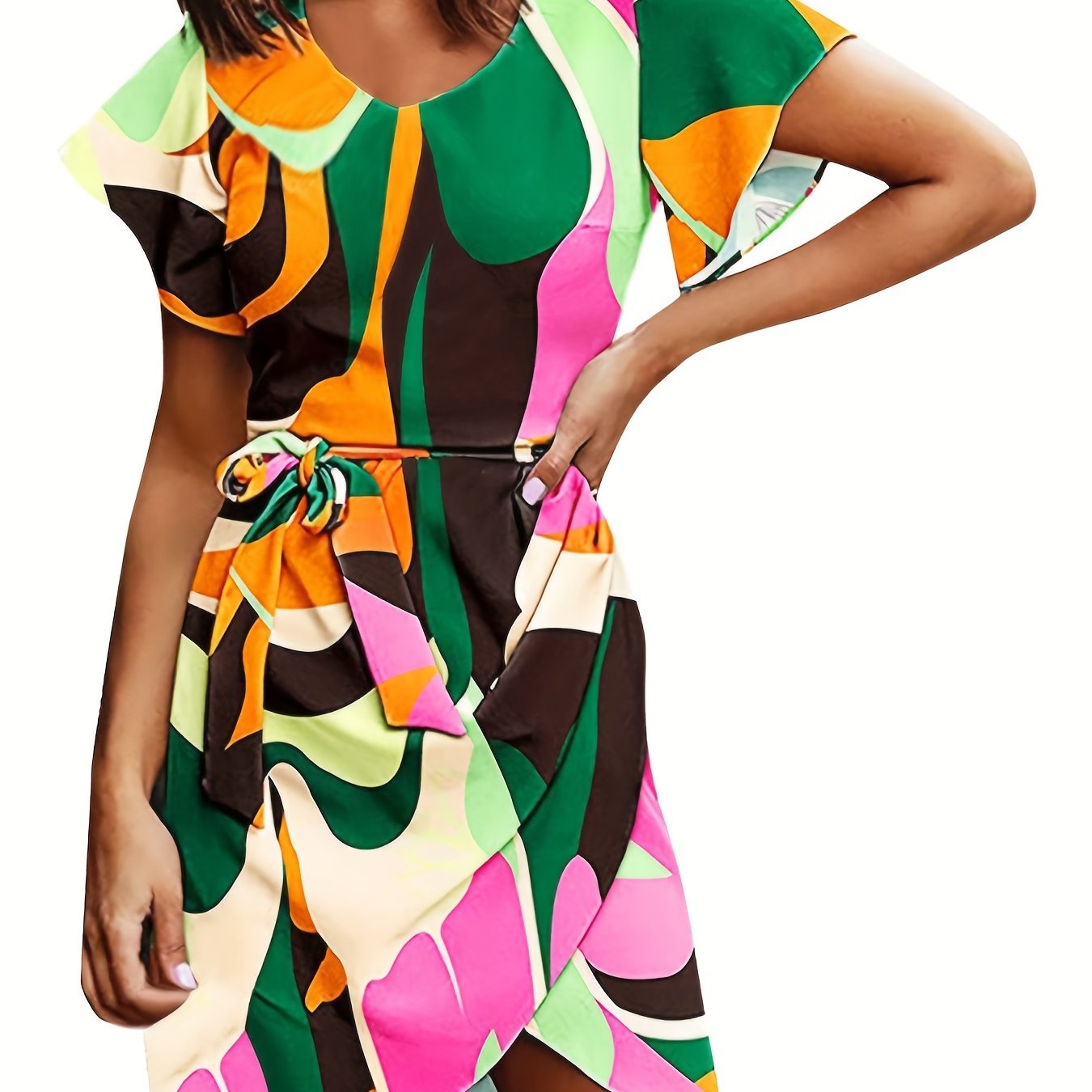 Sixsr Plants Print V Neck Dress, Casual Short Sleeve Asymmetrical Hem Tie Waist Dress, Women's Clothing