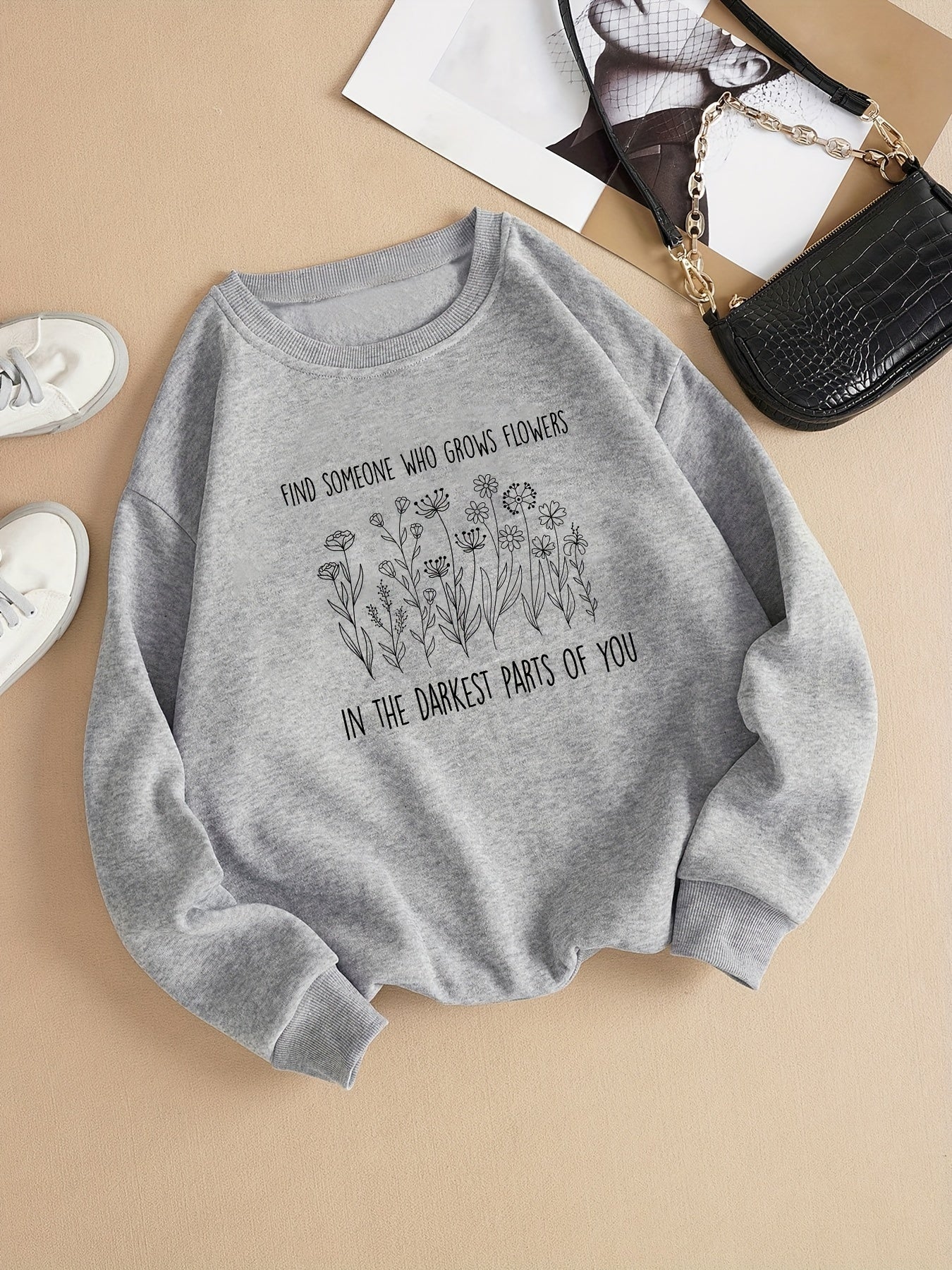 Sixsr Flower Graphic Print Sweatshirt, Long Sleeve Crew Neck Pullover Sweatshirt, Casual Tops For Fall & Winter, Women's Clothing