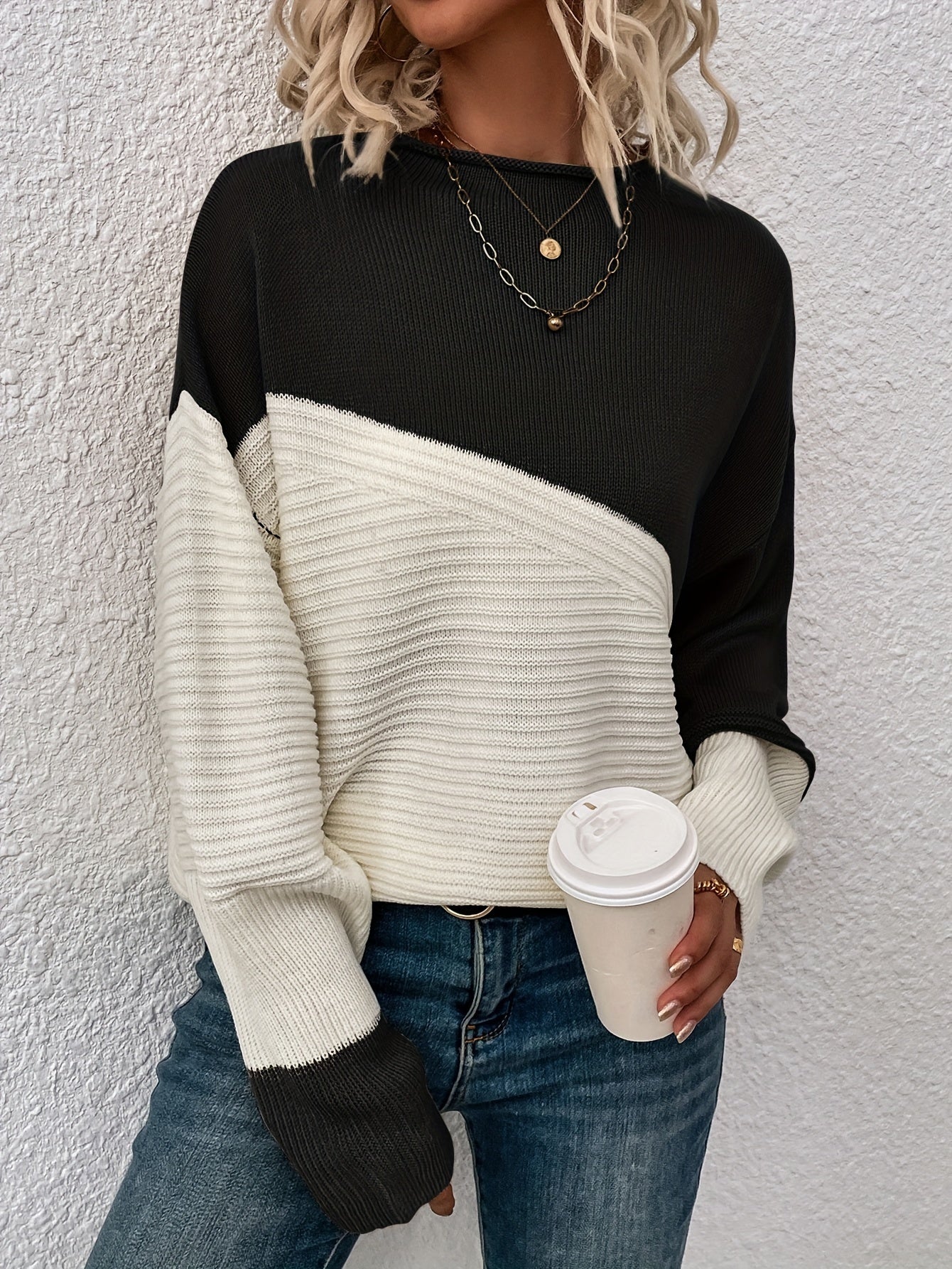 Sixsr Color Block Loose Pullover Sweater, Elegant Long Sleeve Drop Shoulder Sweater, Women's Clothing