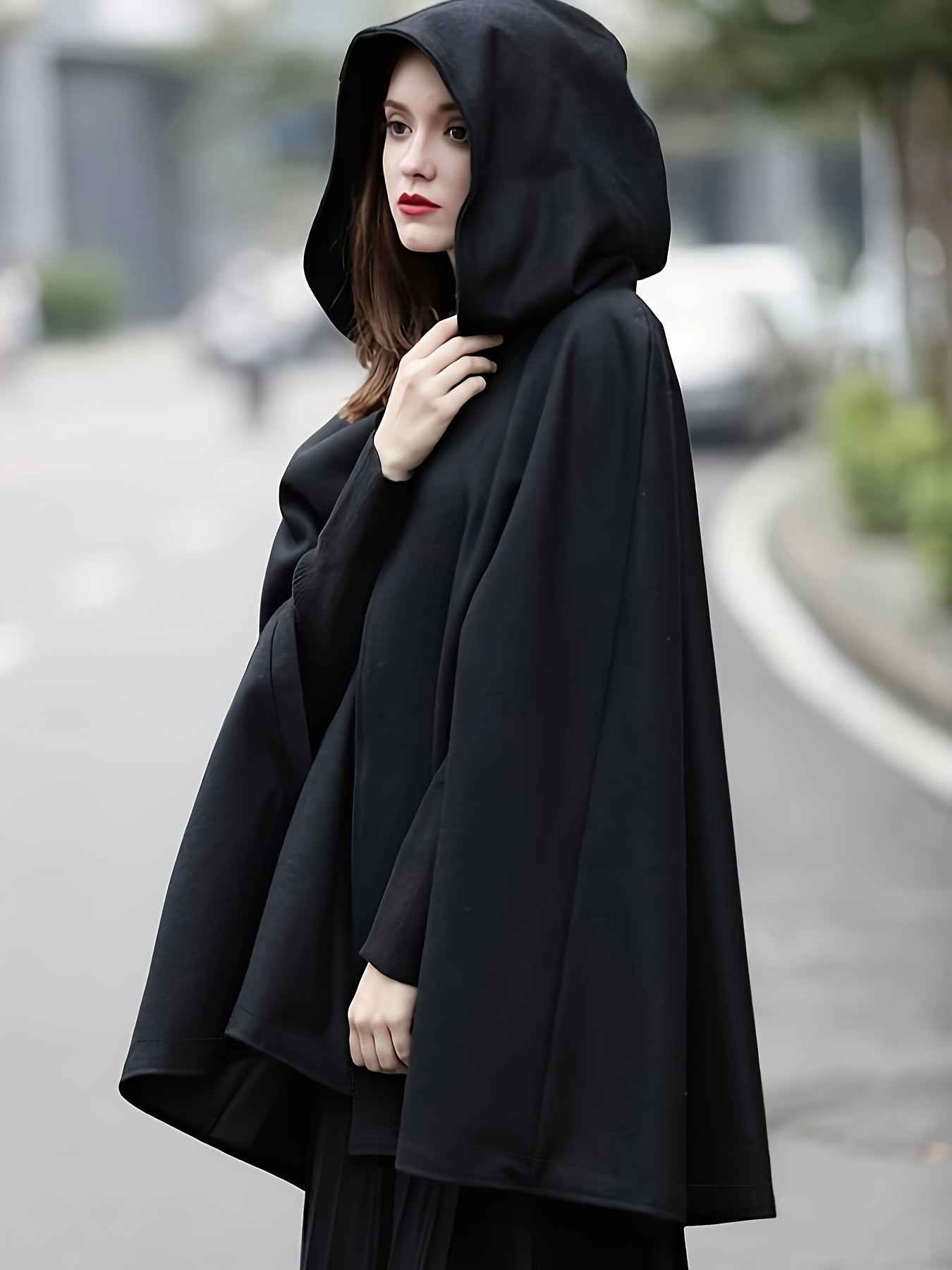 Sixsr Plus Size Elegant Coat, Women's Plus Solid Split Cape Sleeve Button Detail Hooded Shawl Coat