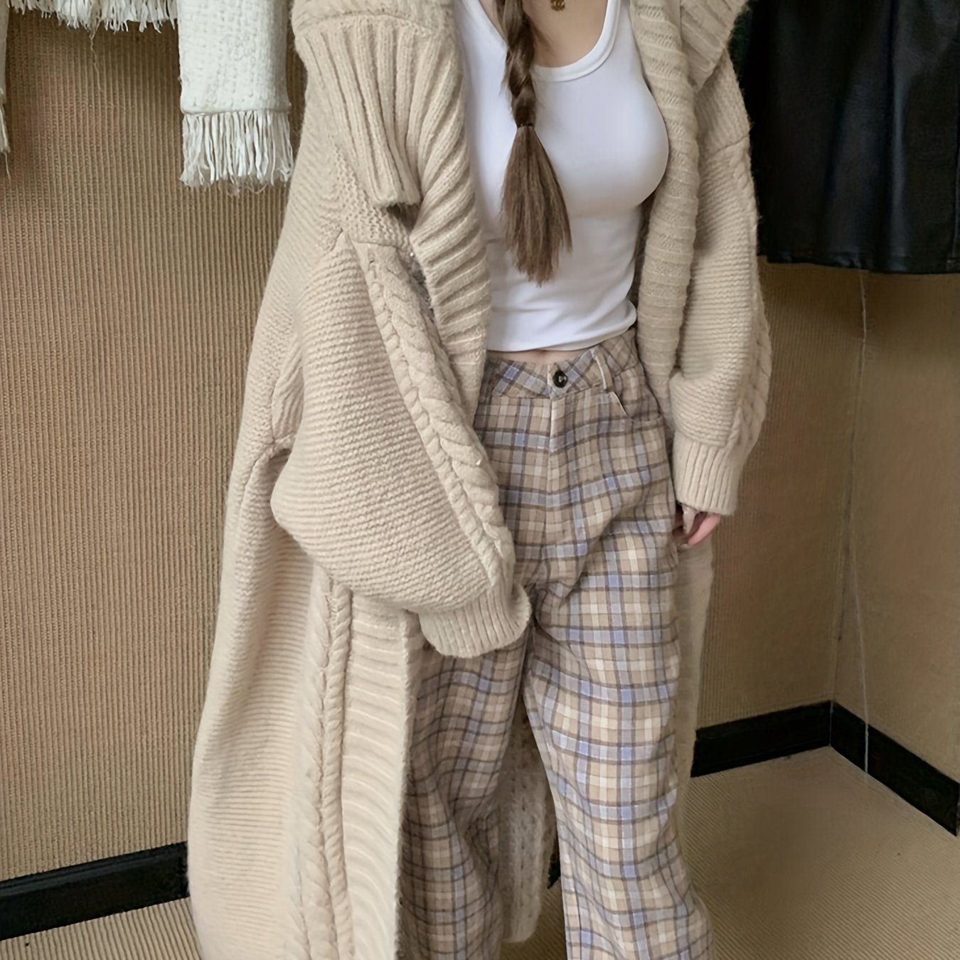 Sixsr Solid Open Front Collared Knit Cardigan, Elegant Long Sleeve Long Length Sweater Coat, Women's Clothing