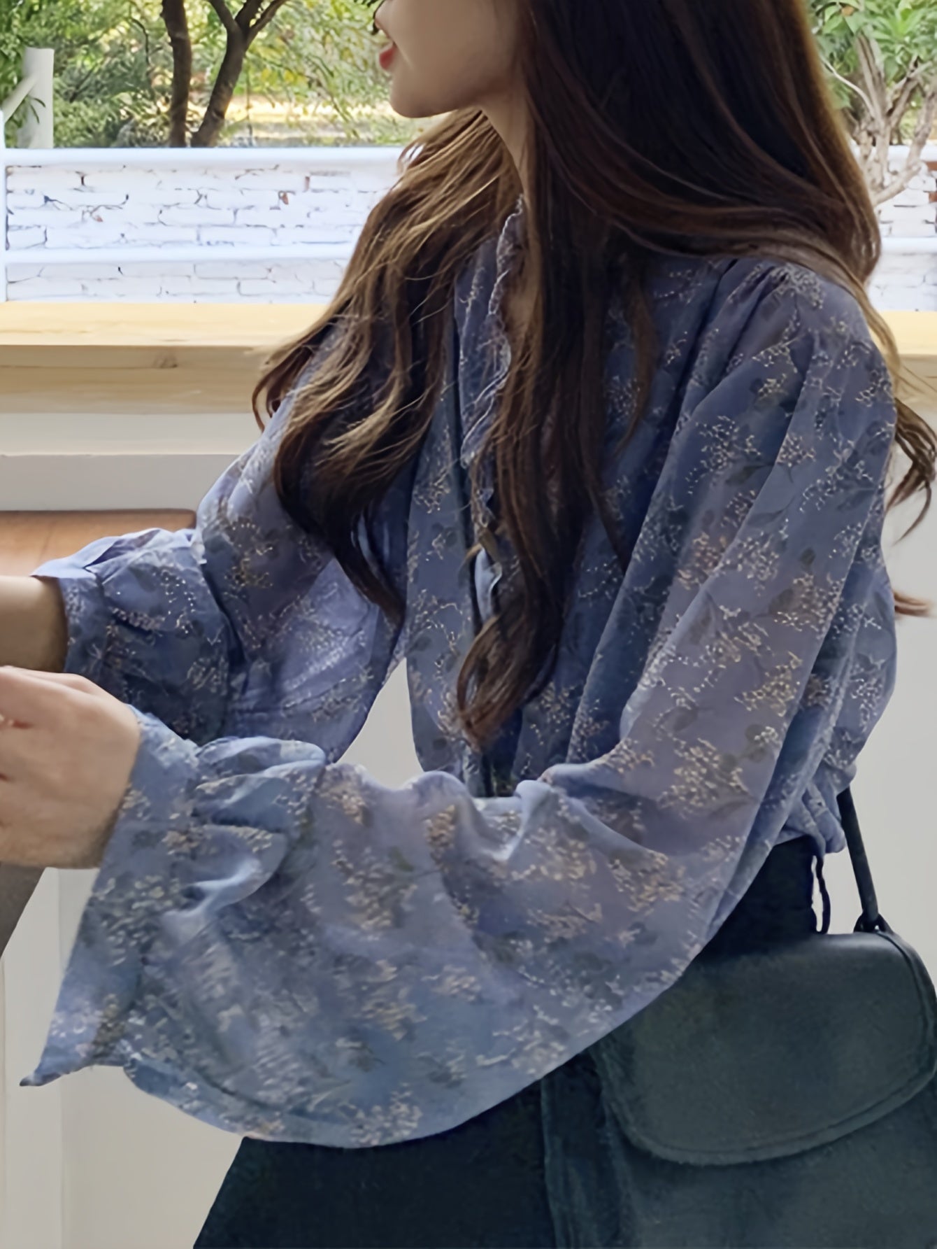 Sixsr Allover Print Ruffle Trim Blouse, Elegant Long Sleeve Blouse For Spring & Fall, Women's Clothing