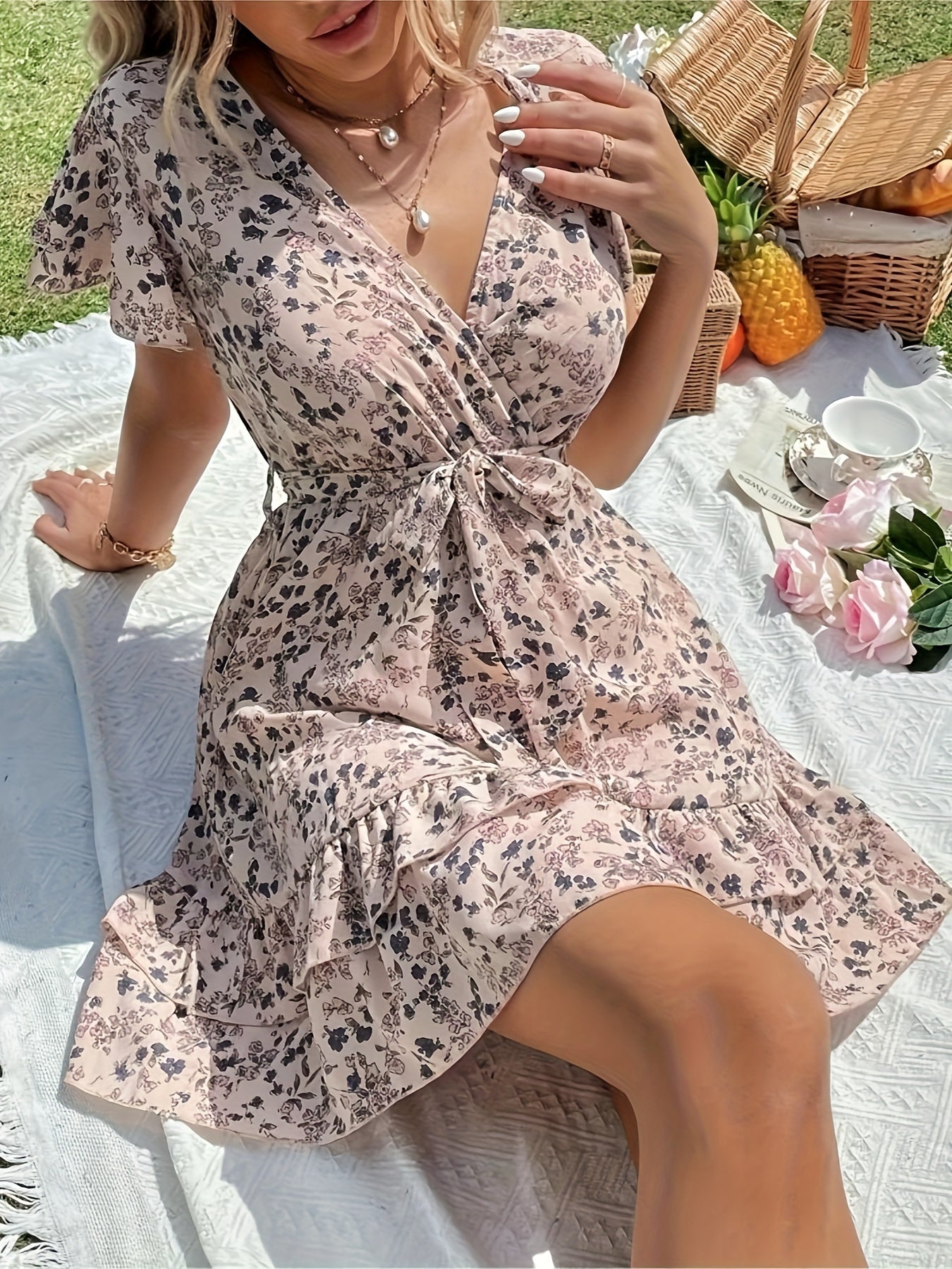 Floral Print A-line Tiered Dress, Casual Flutter Sleeve V Neck Dress, Women's Clothing
