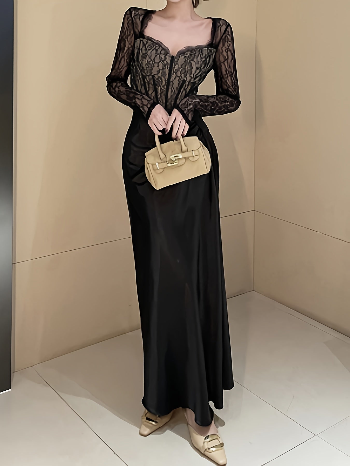Sixsr Contrast Lace Splicing Dress, Elegant Long Sleeve Dress For Party & Banquet, Women's Clothing