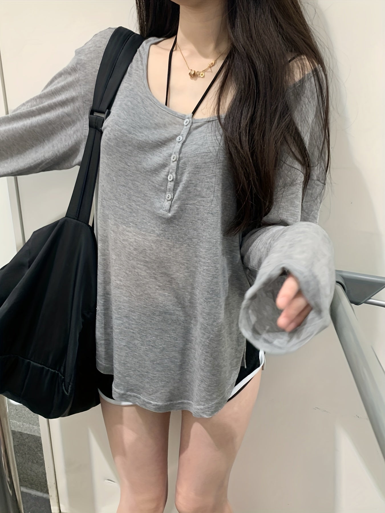 Sixsr Grey Single-breasted Scoop Neck Cover Up T-shirt Top, Long Sleeve Semi Sheer Loose Fit Solid Color Sun Protection Beach Coverup Shirt, Women's Swimwear & Clothing
