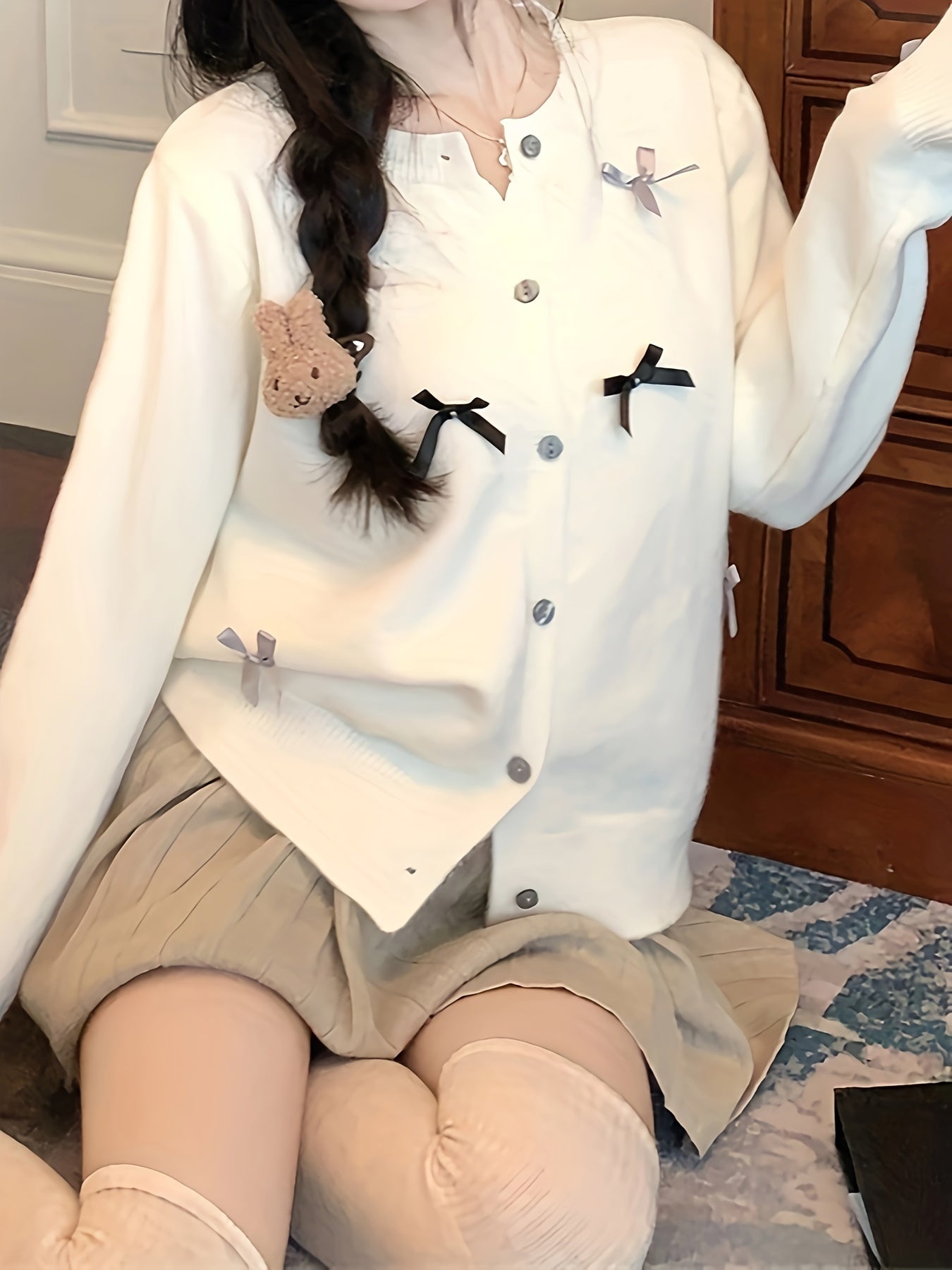 Sixsr Bow Decor Button Up Knit Cardigan, Casual Crew Neck Long Sleeve Sweater, Women's Clothing