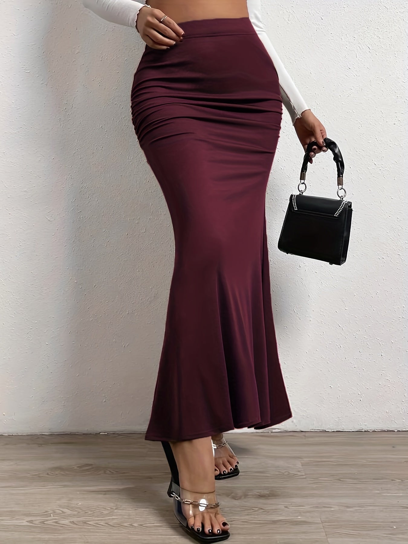 Sixsr High Waist Mermaid Hem Skirts, Elegant Slim Ruched Maxi Skirts, Women's Clothing