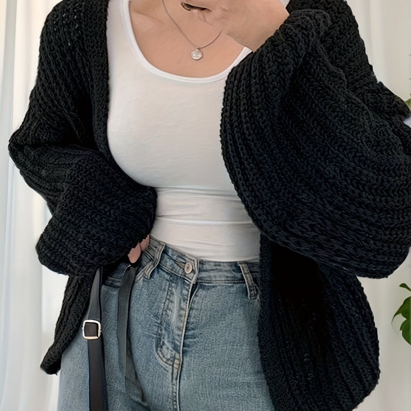 Sixsr Solid Ope Front Chunky Knit Cardigan, Casual Long Sleeve Loose Sweater, Women's Clothing