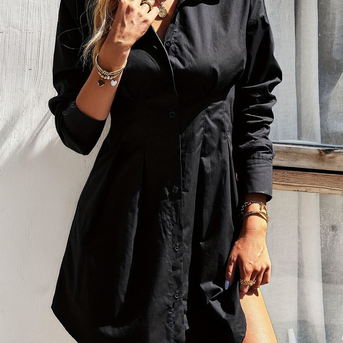 Sixsr Button Front Tucked Shirt Dress, Stylish Cuff Sleeve Lapel Dress For Spring & Fall, Women's Clothing