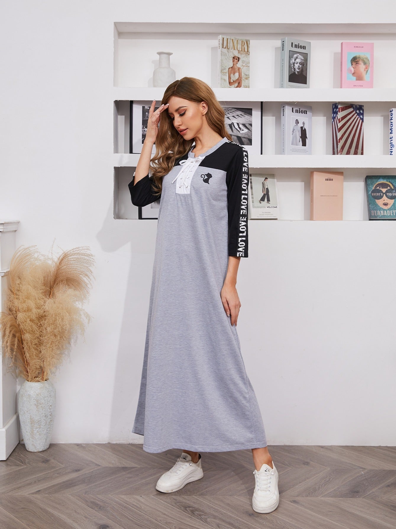 Sixsr Women's Dresses Color Block Crew Neck Drawstring Dresses
