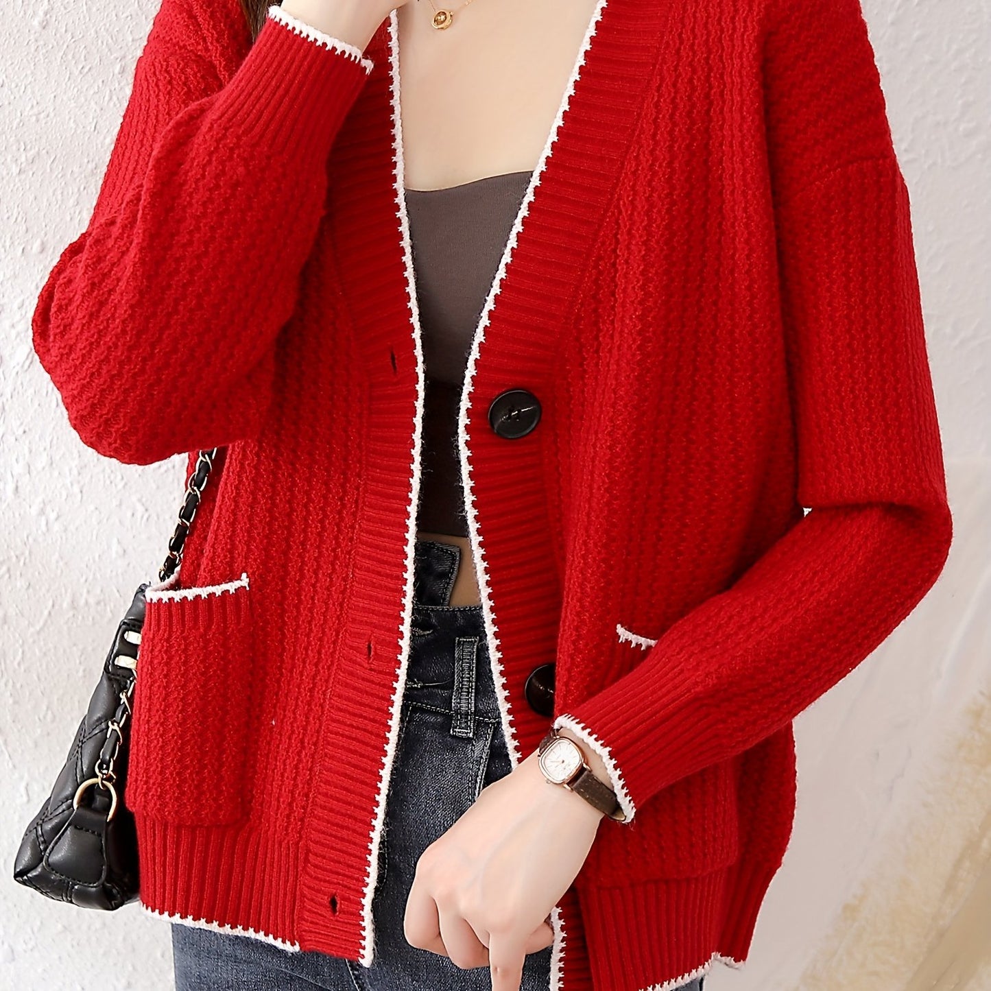 Sixsr V Neck Button Up Rib Knit Cardigan, Elegant Long Sleeve Sweater With Pocket, Women's Clothing