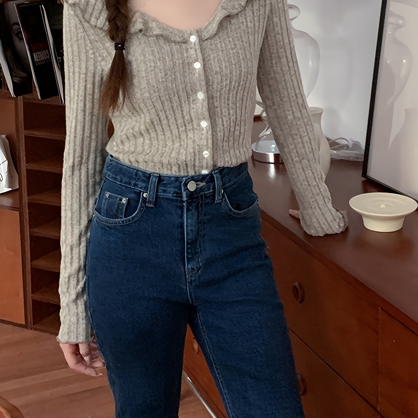 Sixsr Solid Button Down Slim Knit Cardigan, Casual Collared Lettuce Trim Long Sleeve Thin Top, Women's Clothing