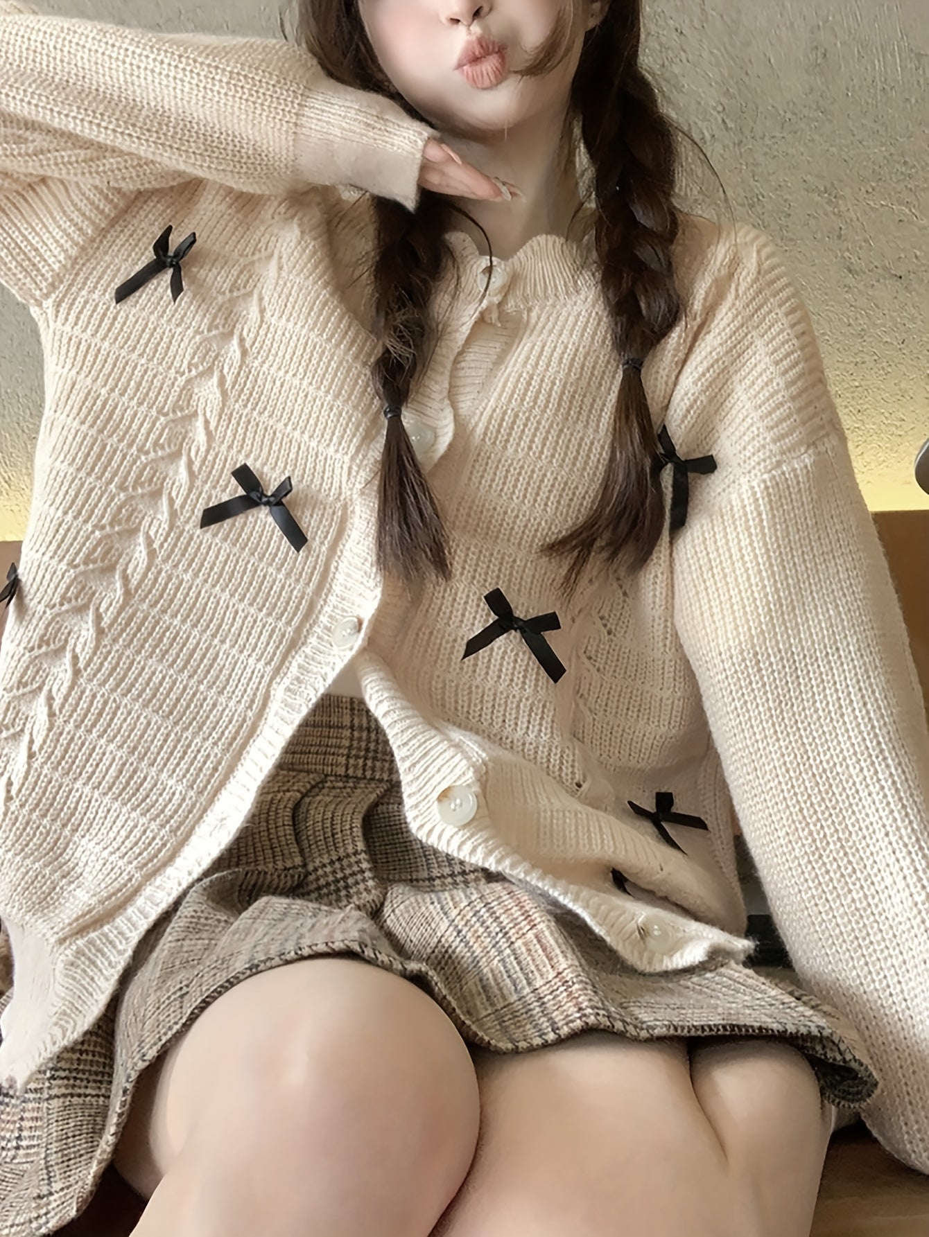 Sixsr Bow Tie Button Front Knitted Cardigan Sweater, Casual Long Sleeve Sweater For Fall & Winter, Women's Clothing