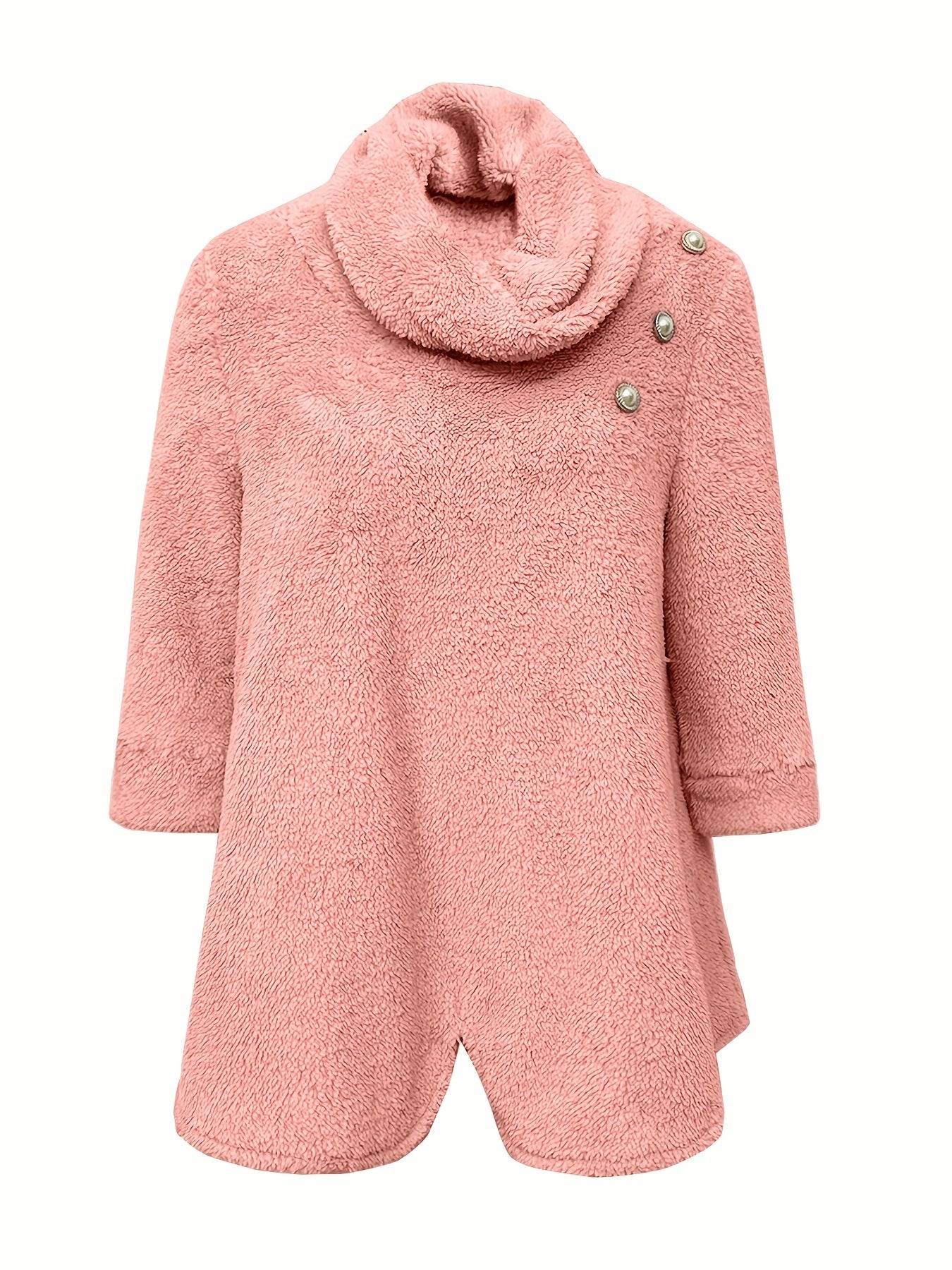 Sixsr Solid Cowl Neck Plush Tunics, Casual 3/4 Sleeve Warm Coat, Women's Clothing
