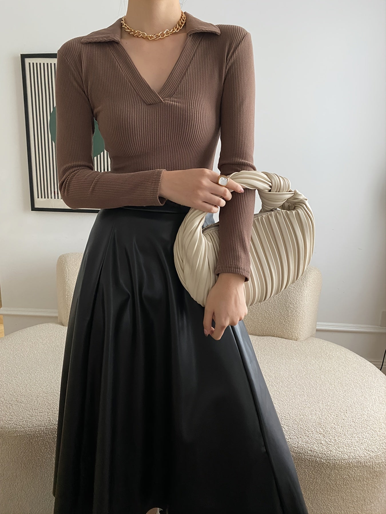 Sixsr Basic Elegant Polo Collar T-Shirt, Solid Casual Stretchy Long Sleeve Top For Spring, Women's Clothing