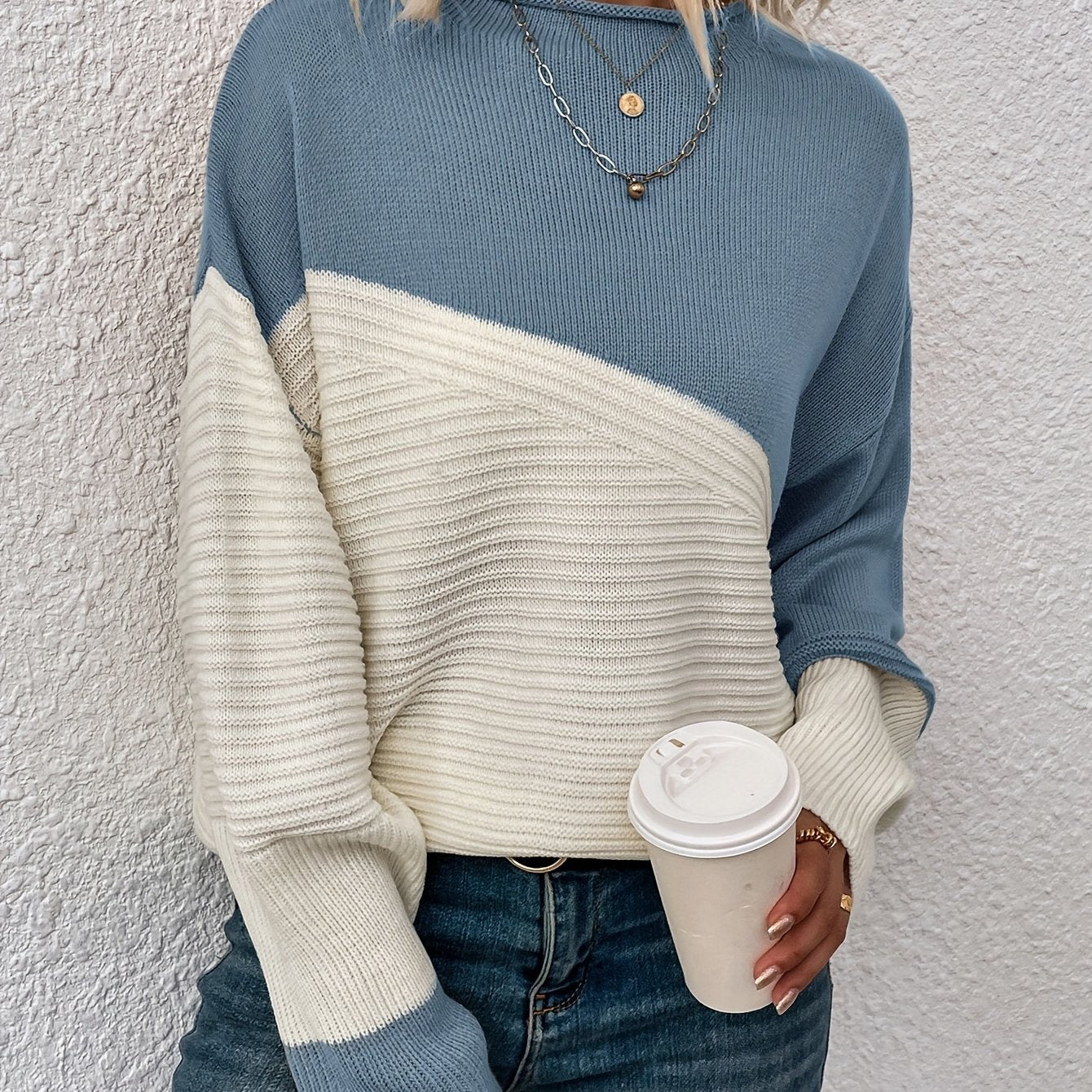 Sixsr Color Block Loose Pullover Sweater, Elegant Long Sleeve Drop Shoulder Sweater, Women's Clothing