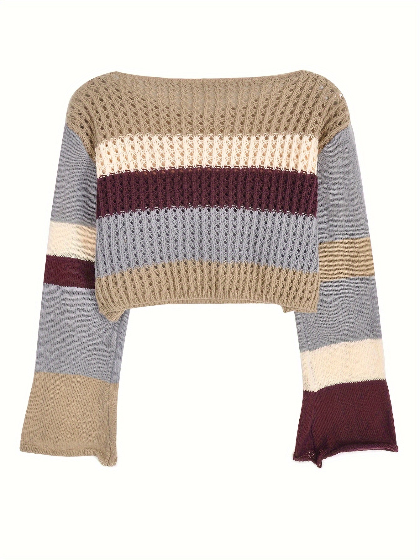 Sixsr Striped Boat Neck Knit Sweater, Casual Long Sleeve Crop Sweater For Fall & Spring, Women's Clothing