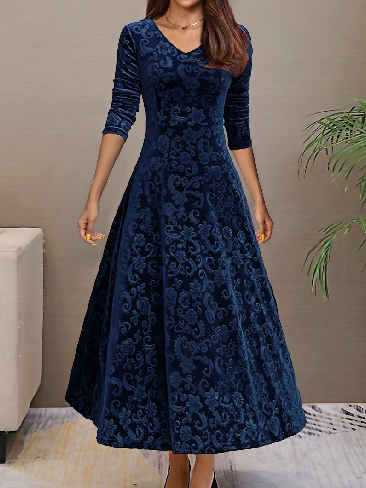 Sixsr Solid Color Long Sleeve Dress, Elegant V Neck Flared Dress For Spring & Fall, Women's Clothing