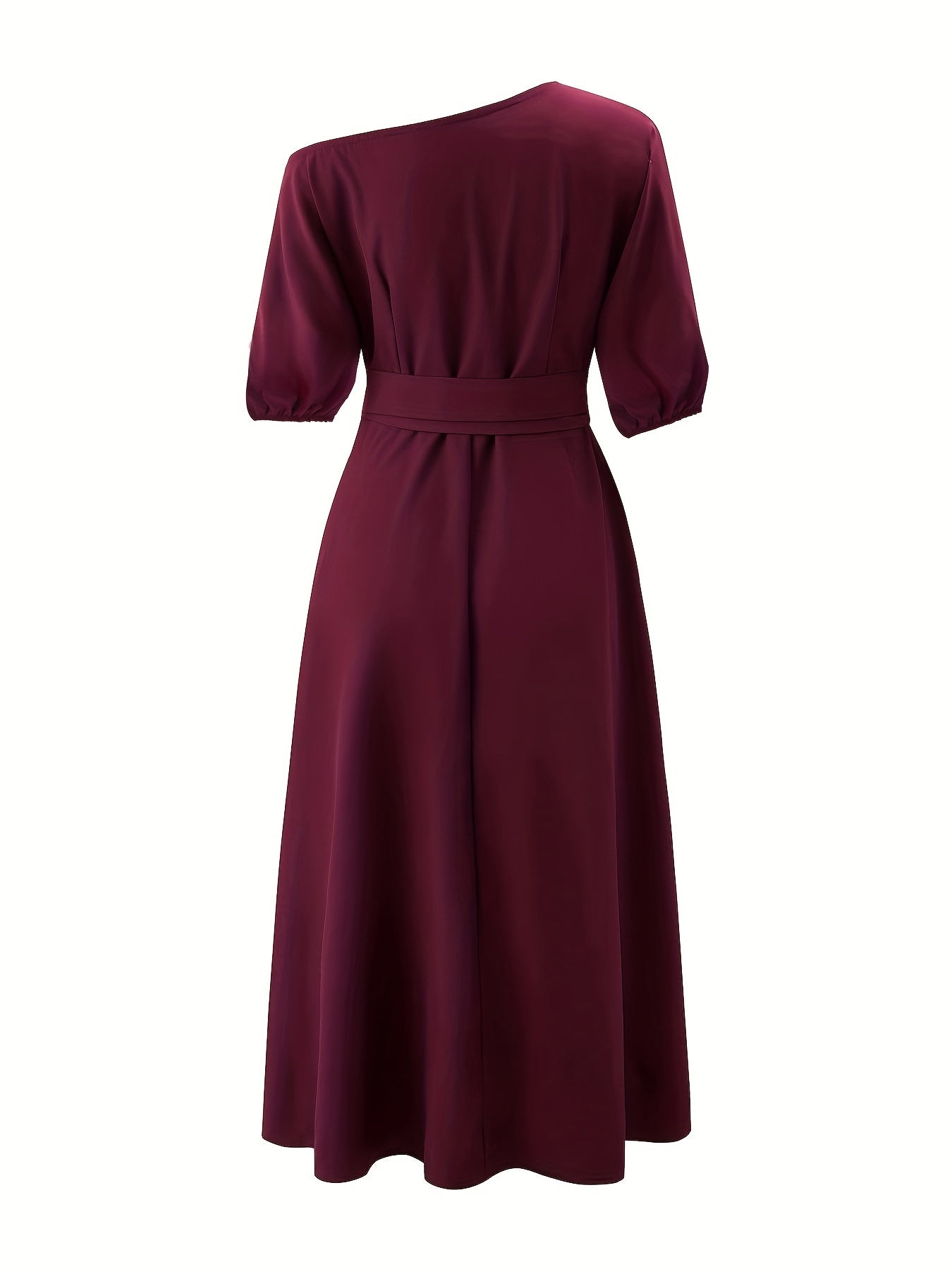 Sixsr Slant Shoulder Neck Tie Waist Dress, Elegant Dual Pockets Short Sleeve Dress, Women's Clothing