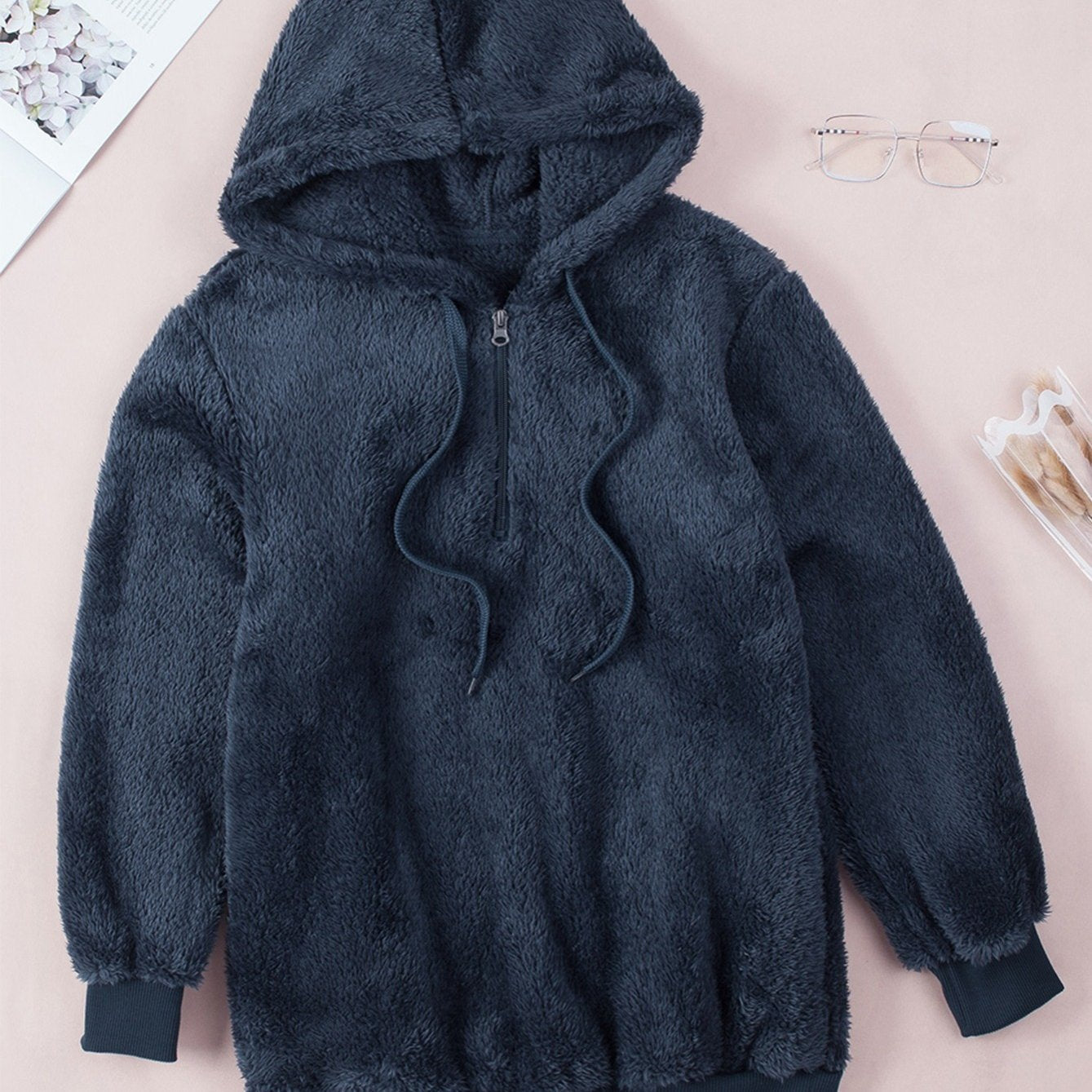 Sixsr Casual Drop Shoulder Drawstring Teddy Hoodie, Women's Solid Long Sleeve Half Zipper Sweatshirt Top