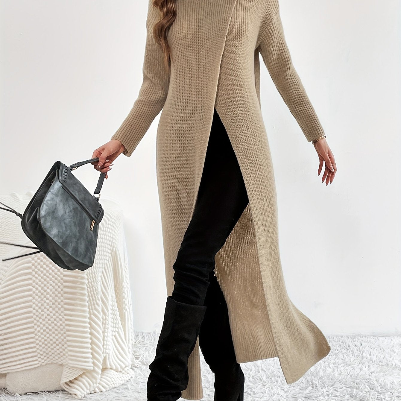 Sixsr Solid High Neck Split Dress, Elegant Long Sleeve Maxi Dress, Women's Clothing