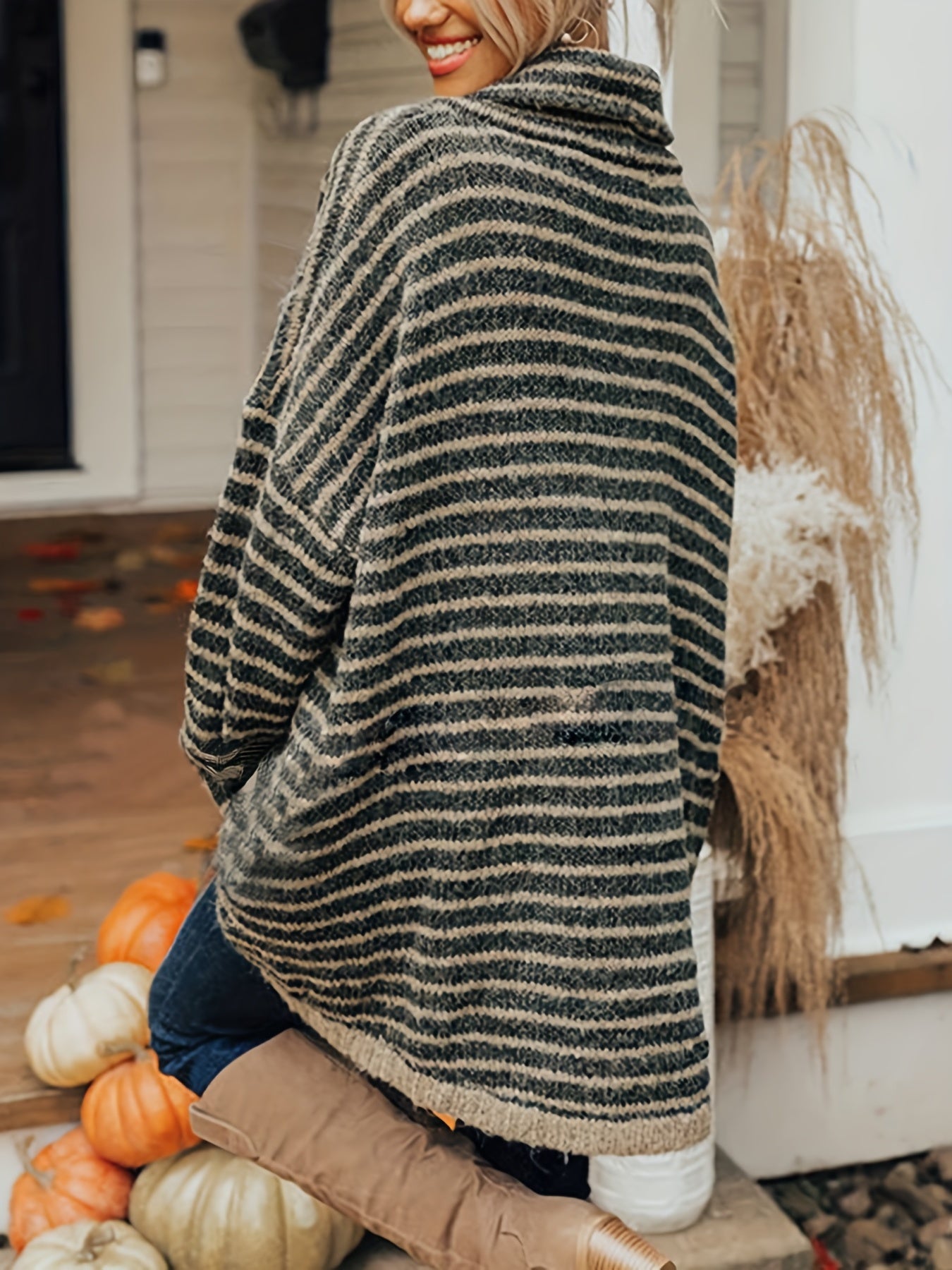 Sixsr Plus Size Casual Sweater, Women's Plus Stripe Print Chimney Collar Long Sleeve Pullover Sweater