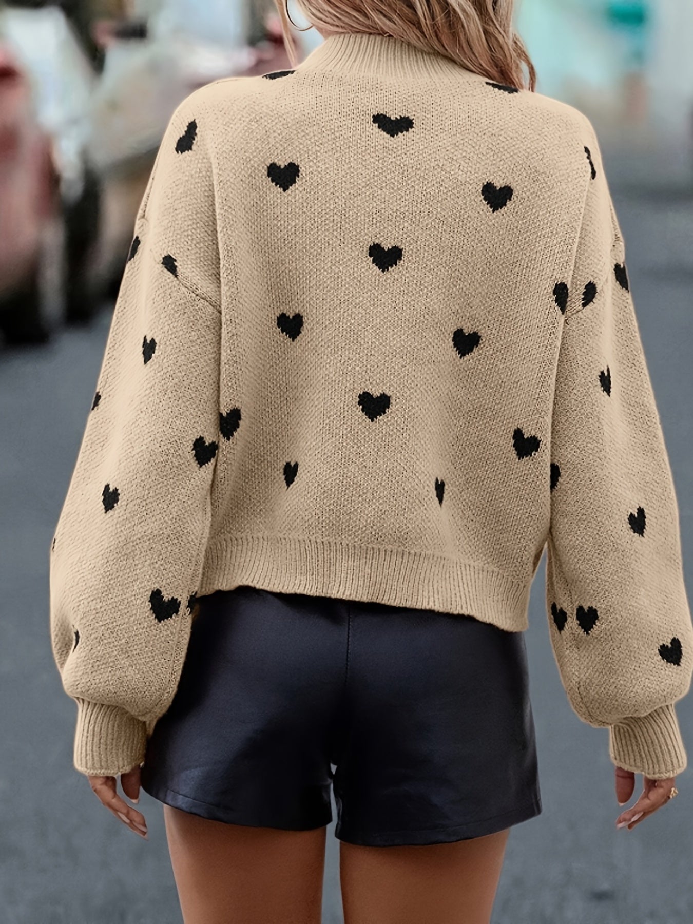 Sixsr Cute Black Heart Graphic Sweater, Drop Shoulder Long Sleeve Casual Sweater For Fall & Winter, Women's Clothing