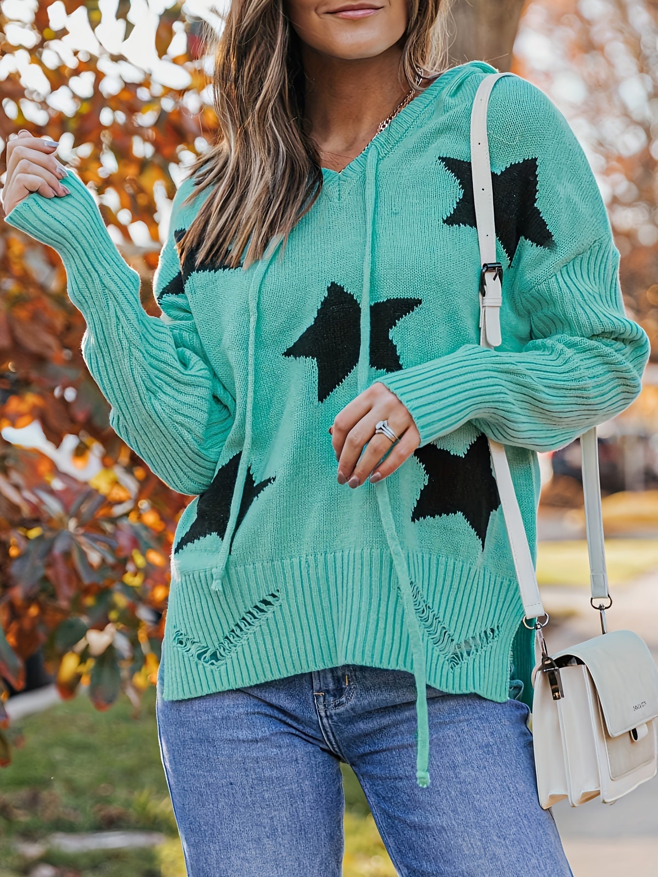 Sixsr Plus Size Y2K Knit Top, Women's Plus Star Pattern Long Sleeve Ripped Drawstring Sweater Hoodie