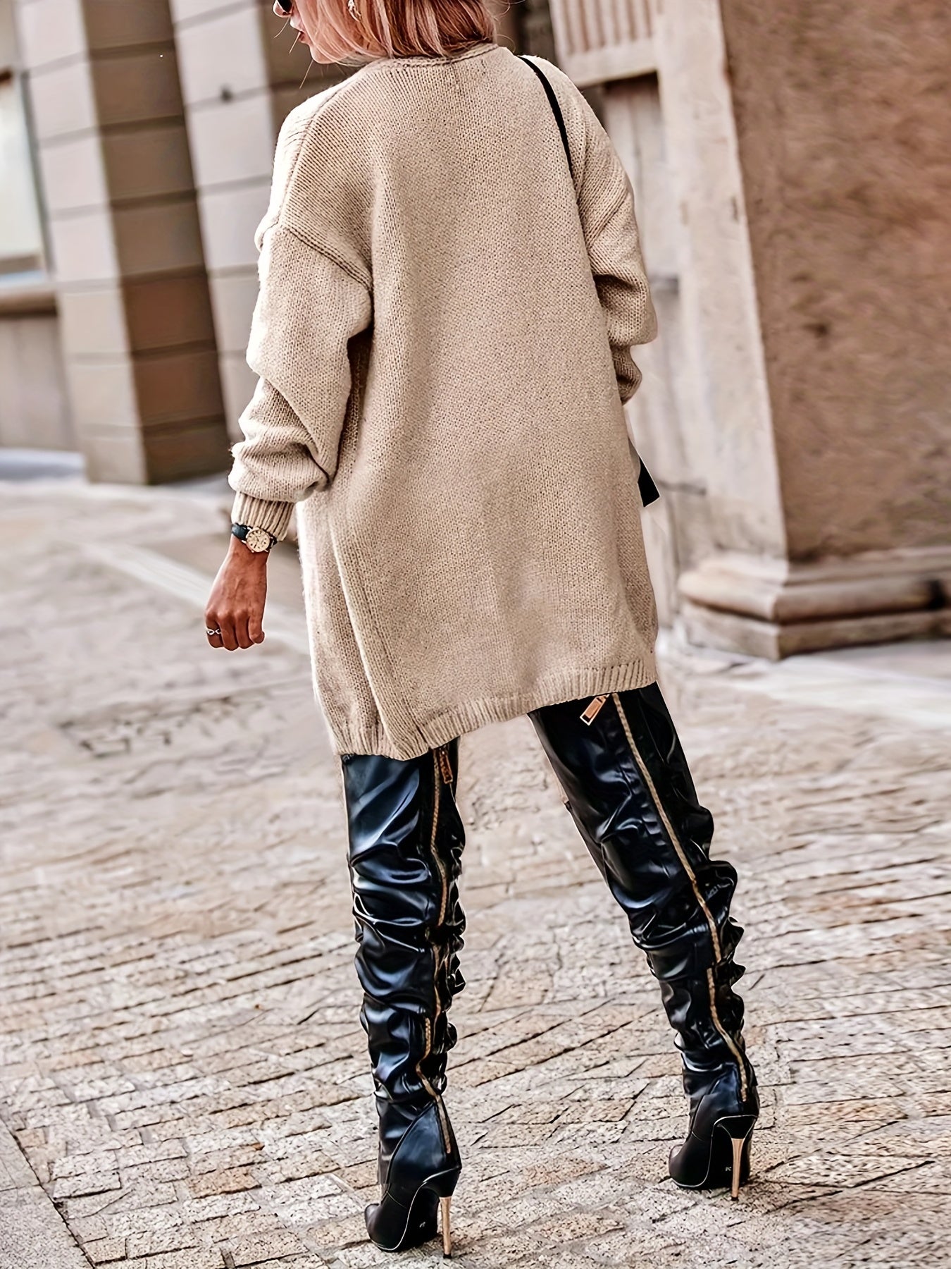 Sixsr Plus Size Casual Cardigan, Women's Plus Plain Long Sleeve Open Front High Stretch Cardigan